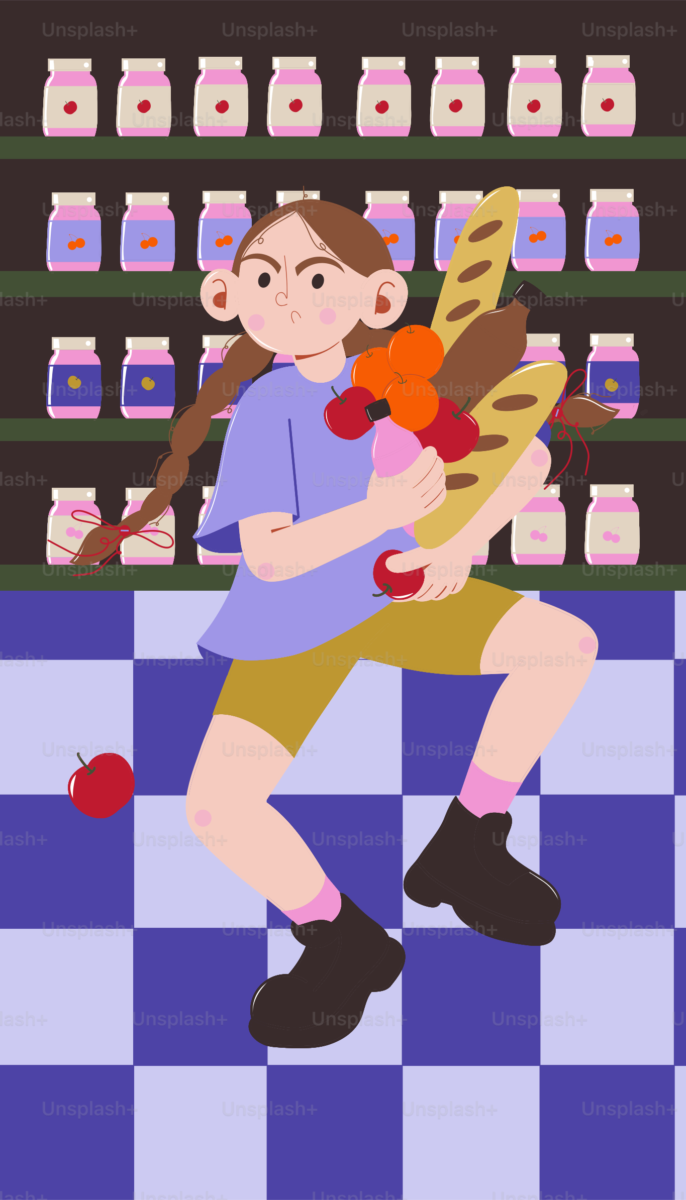 A girl is carrying groceries in a supermarket.