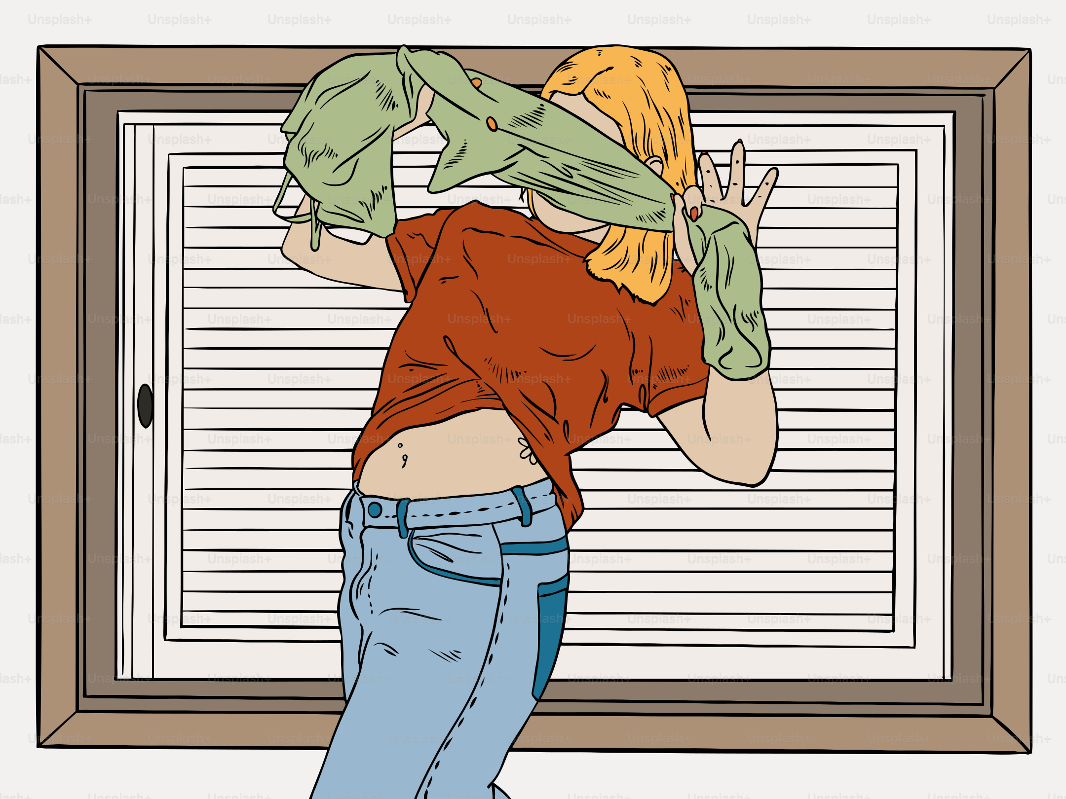 Woman holds a shirt over her face near window.