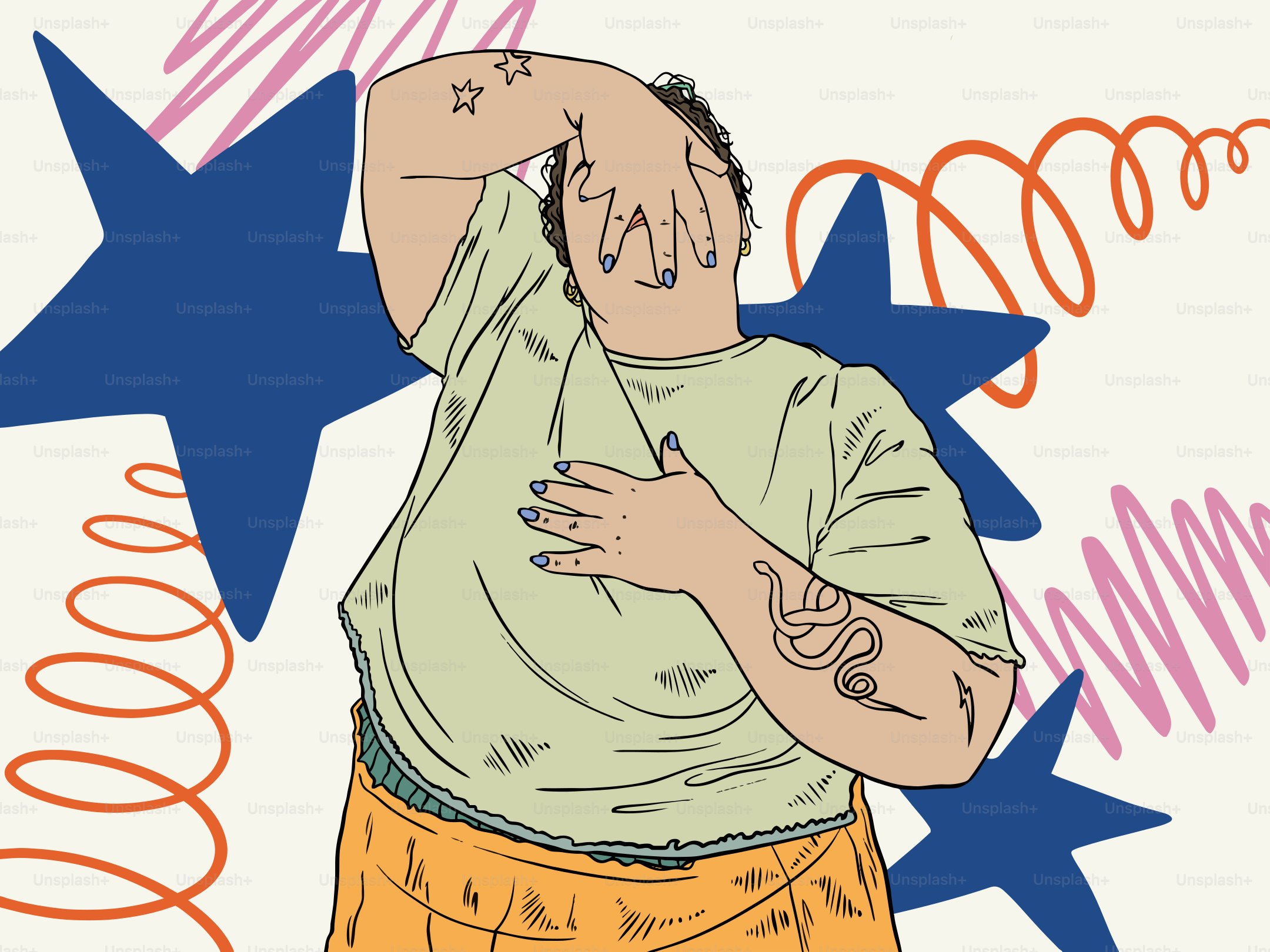 A person, hand covering face, among stars.