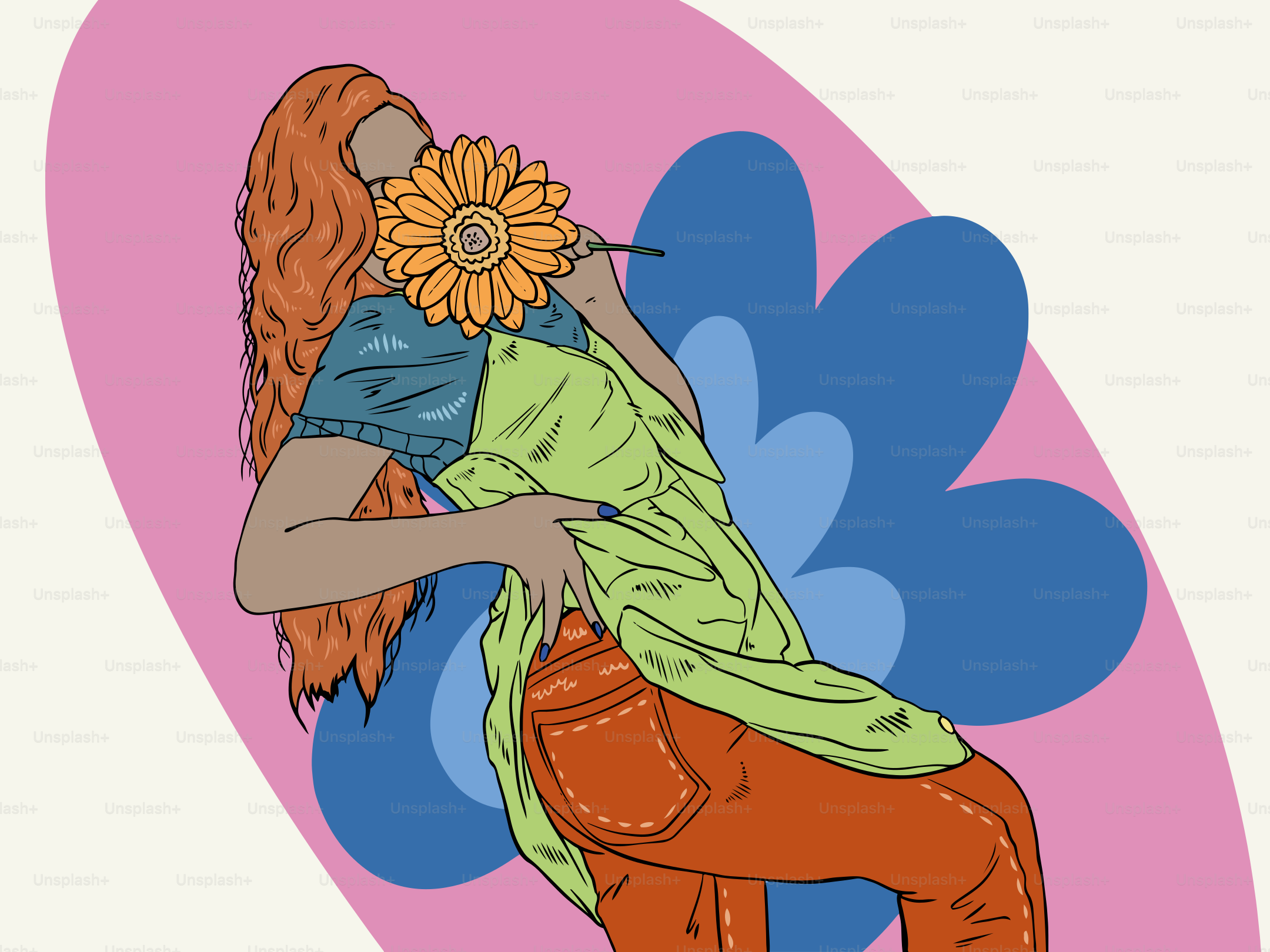 A woman holds a sunflower, embracing a green shirt.