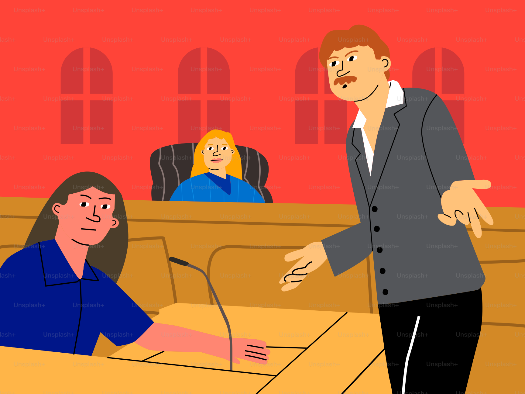 A man argues in court, with the judge watching.
