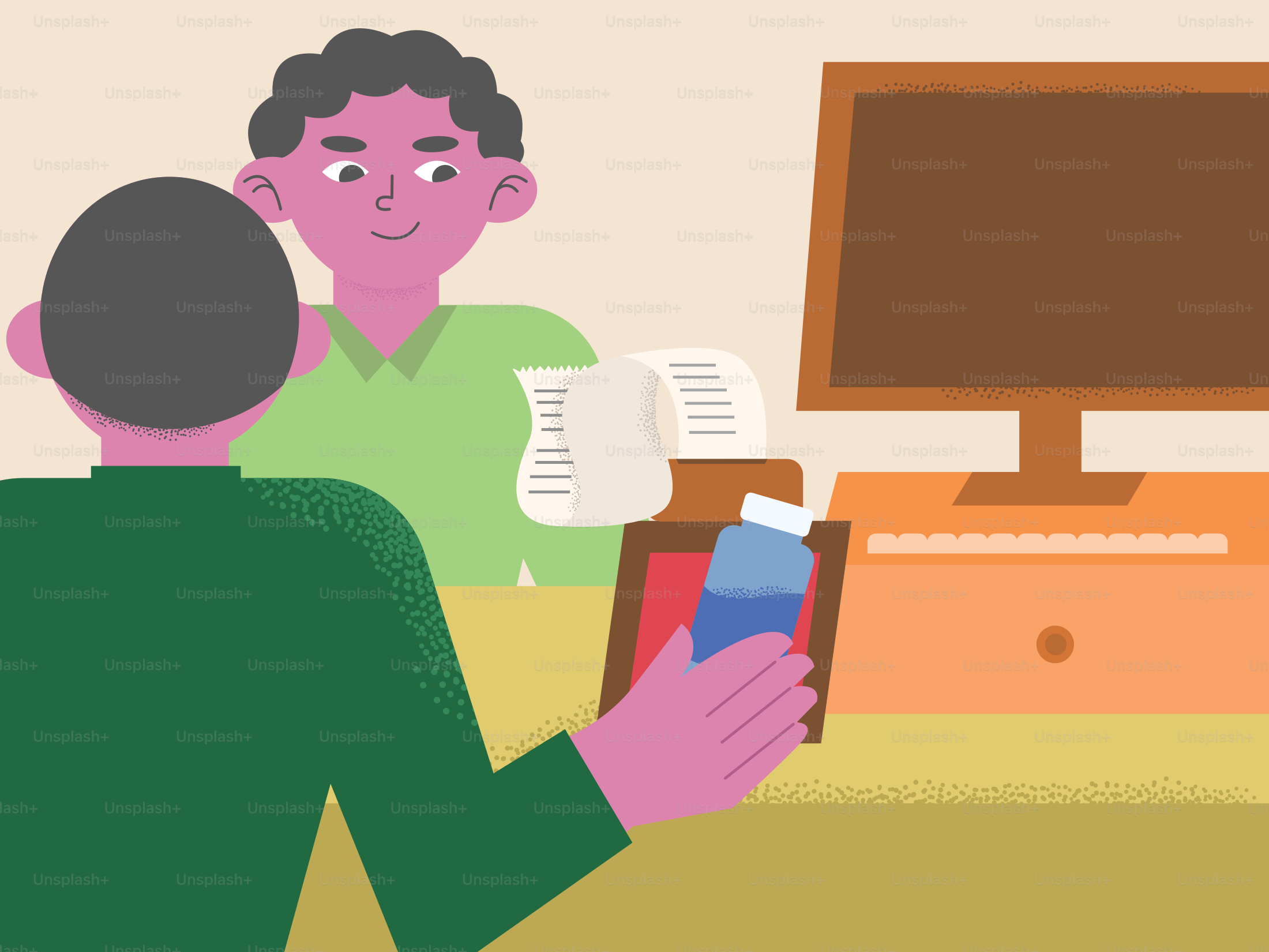 Um cliente recebe o remédio de um farmacêutico.