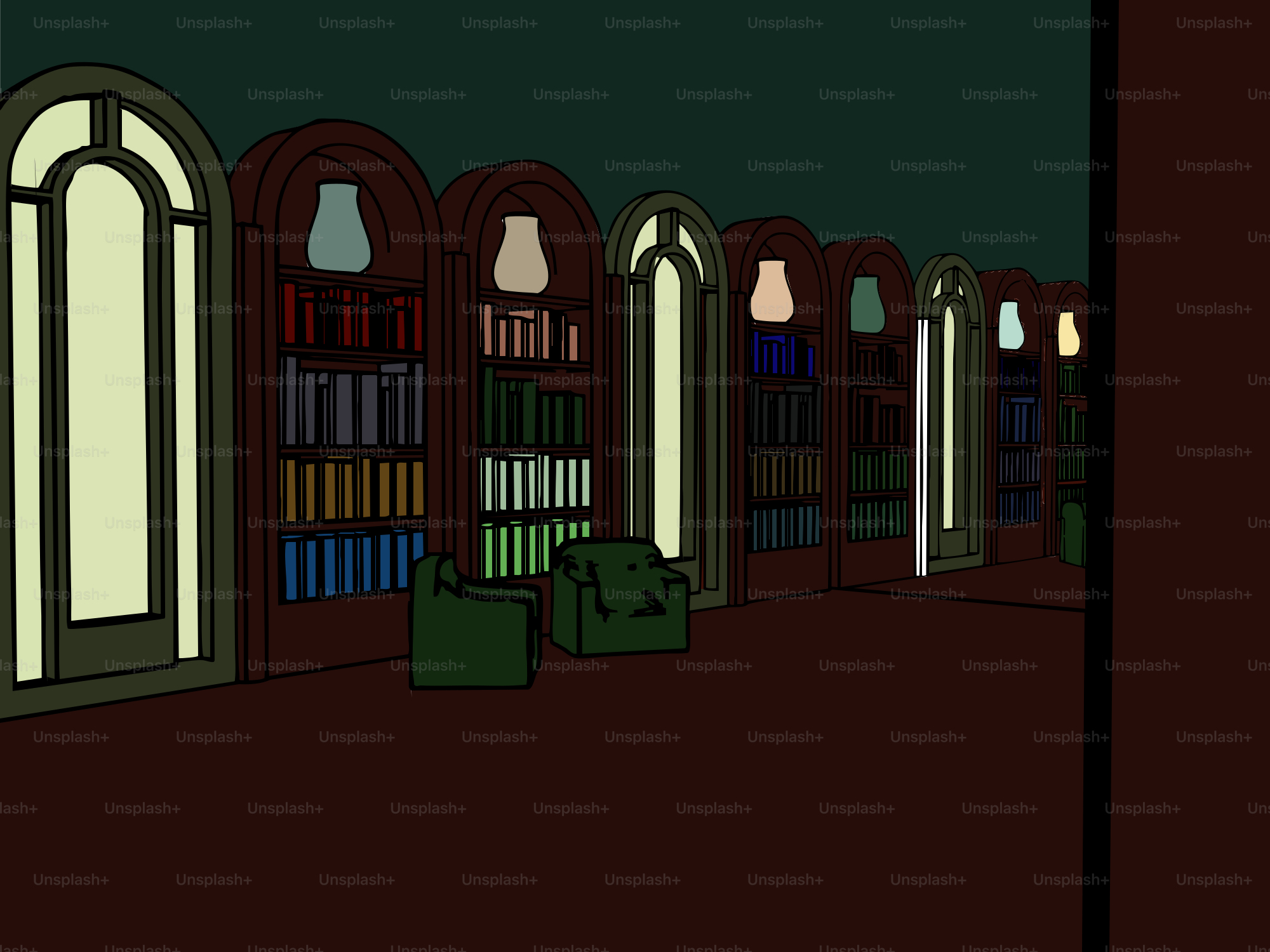 A dark library filled with books and light.