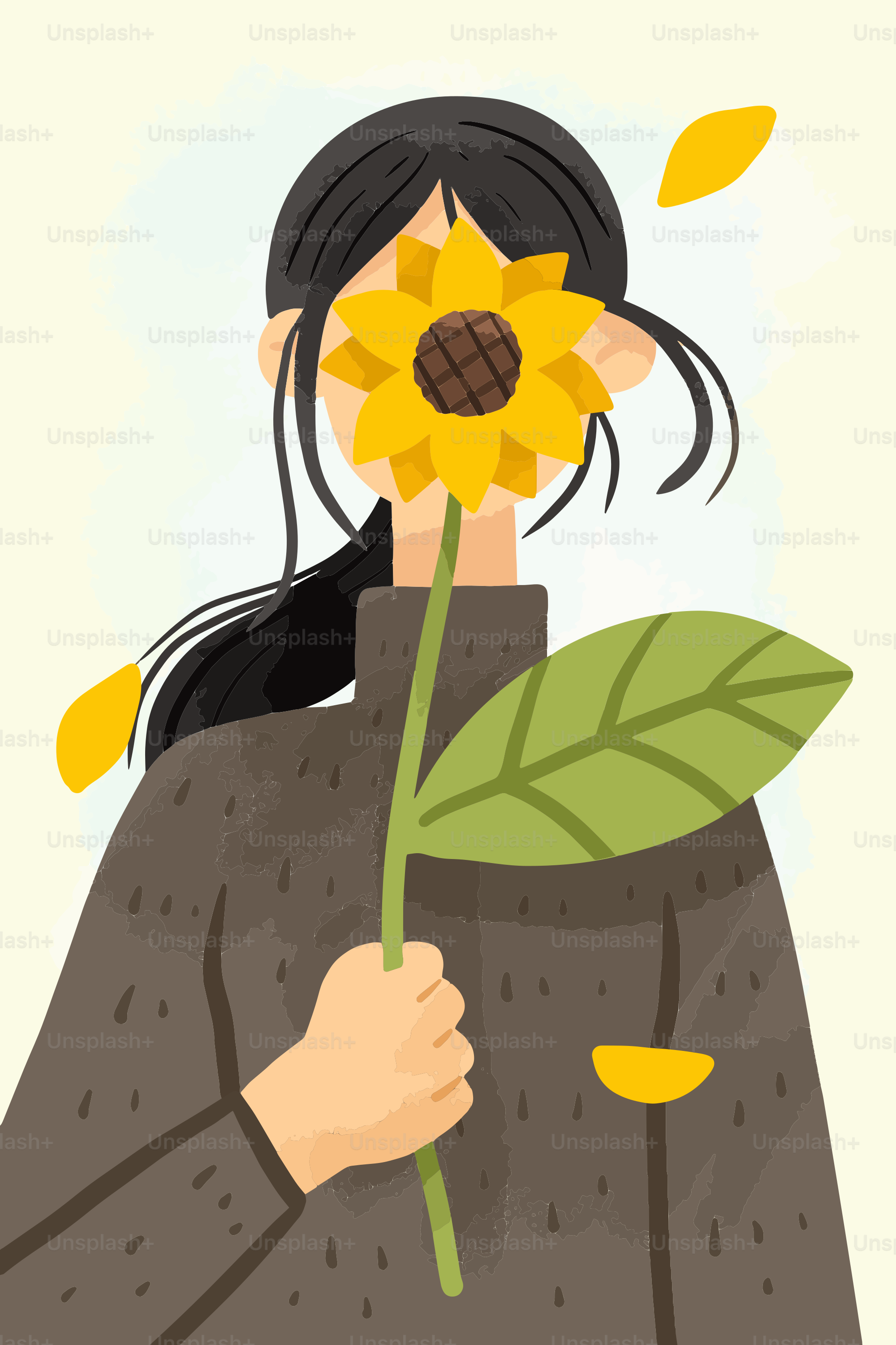 A girl holds a sunflower in front of her face.