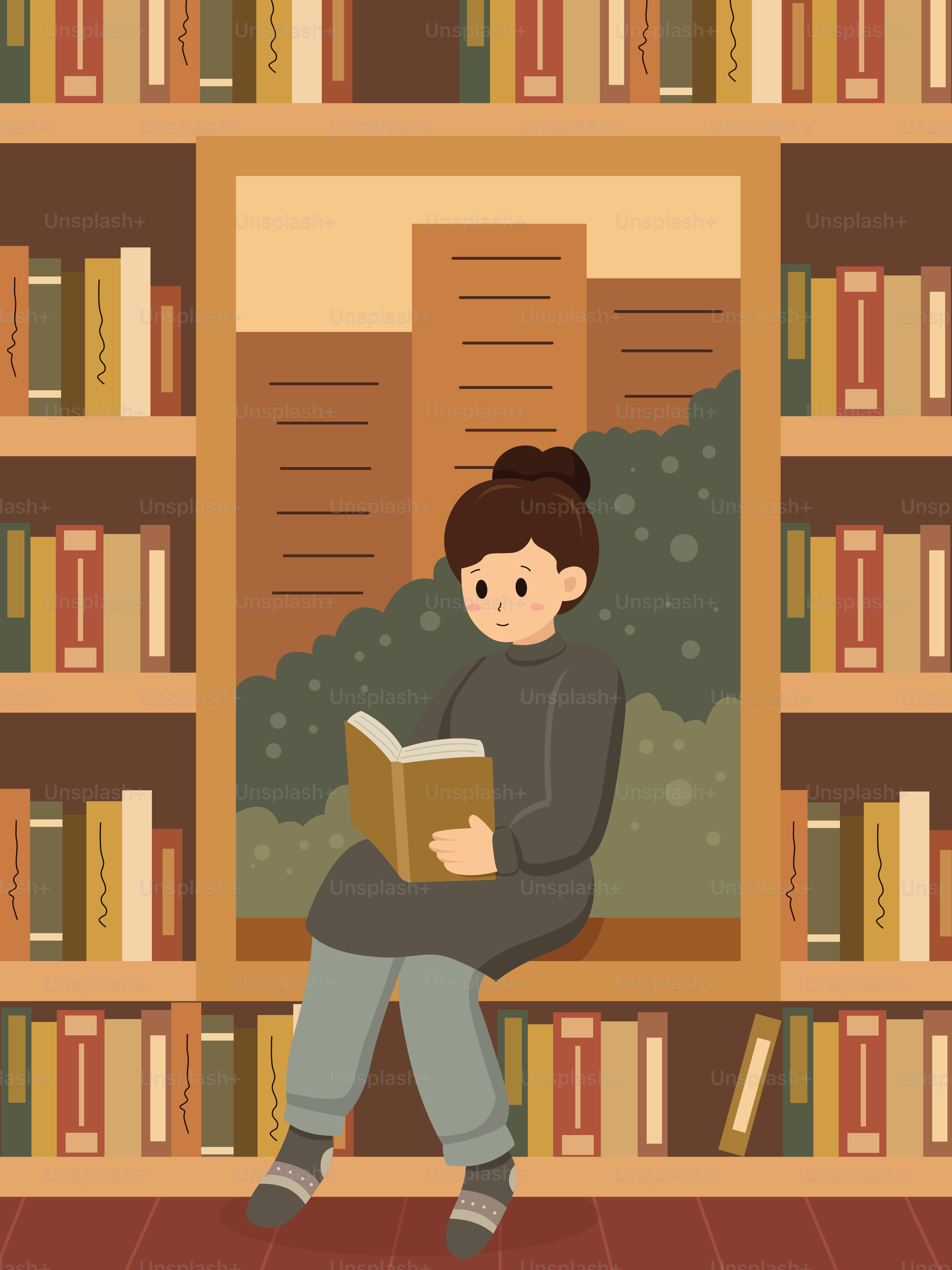 A woman reads in a cozy library.