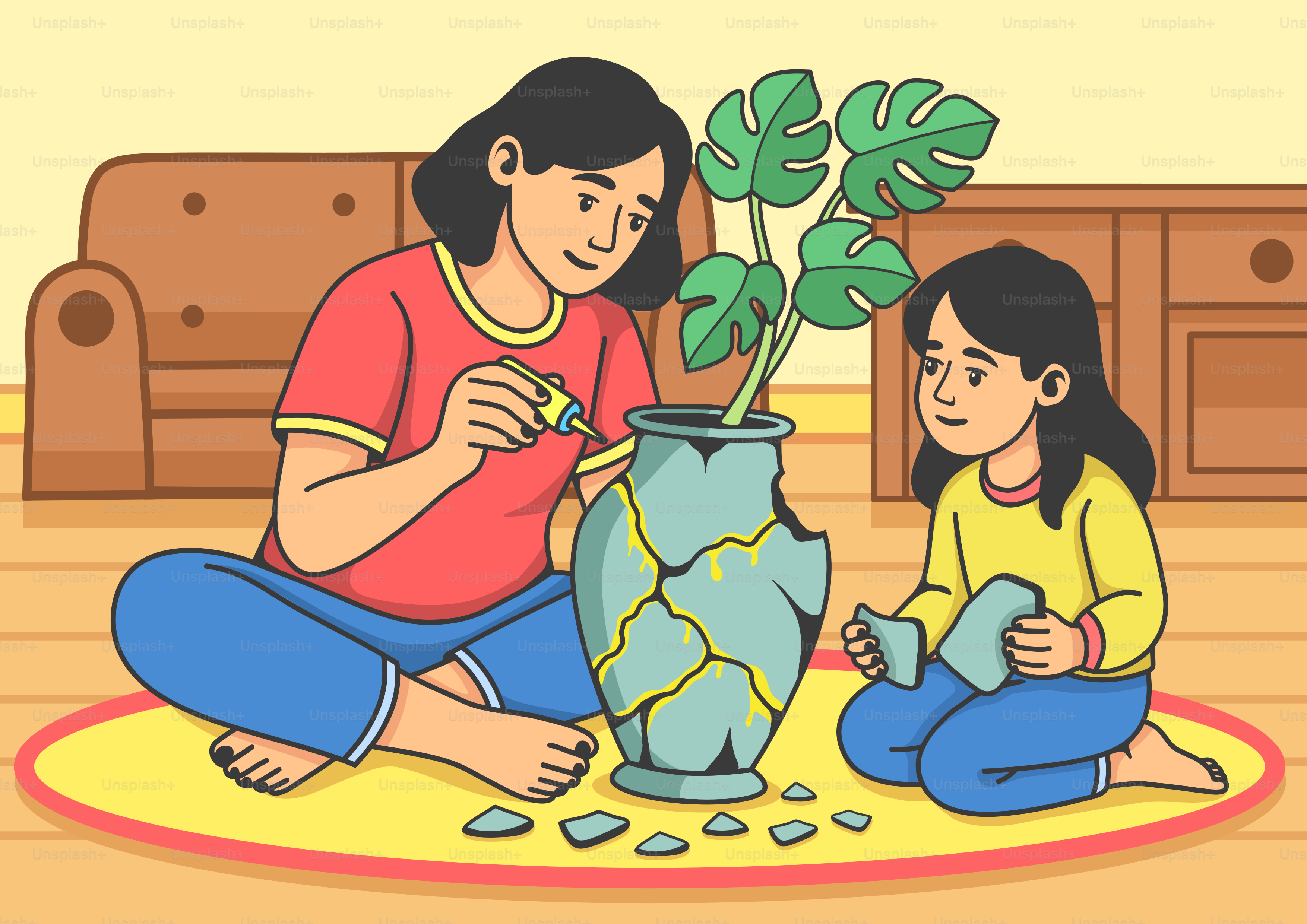A mother and daughter repair a broken vase together.