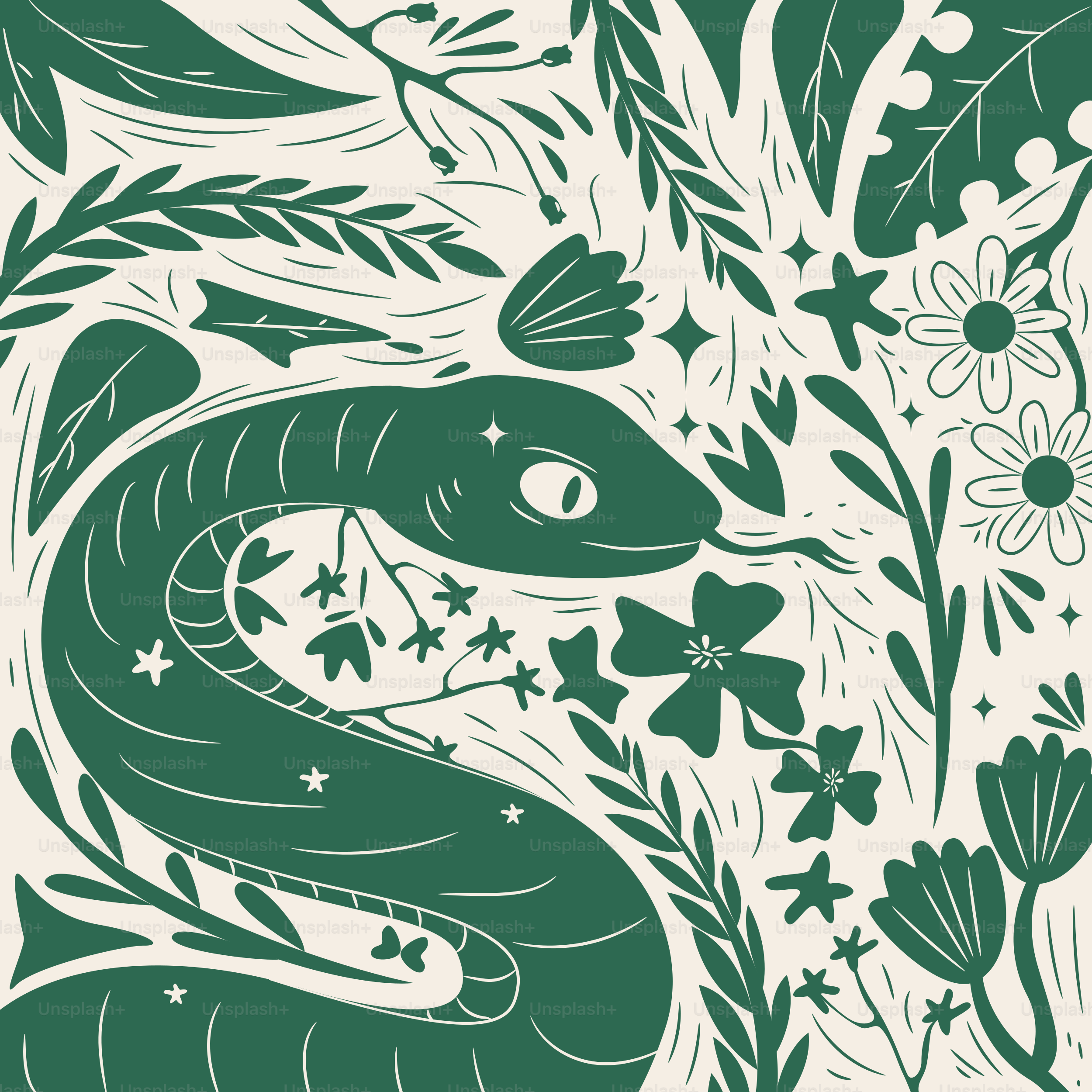 Snake and flowers in a whimsical botanical design.