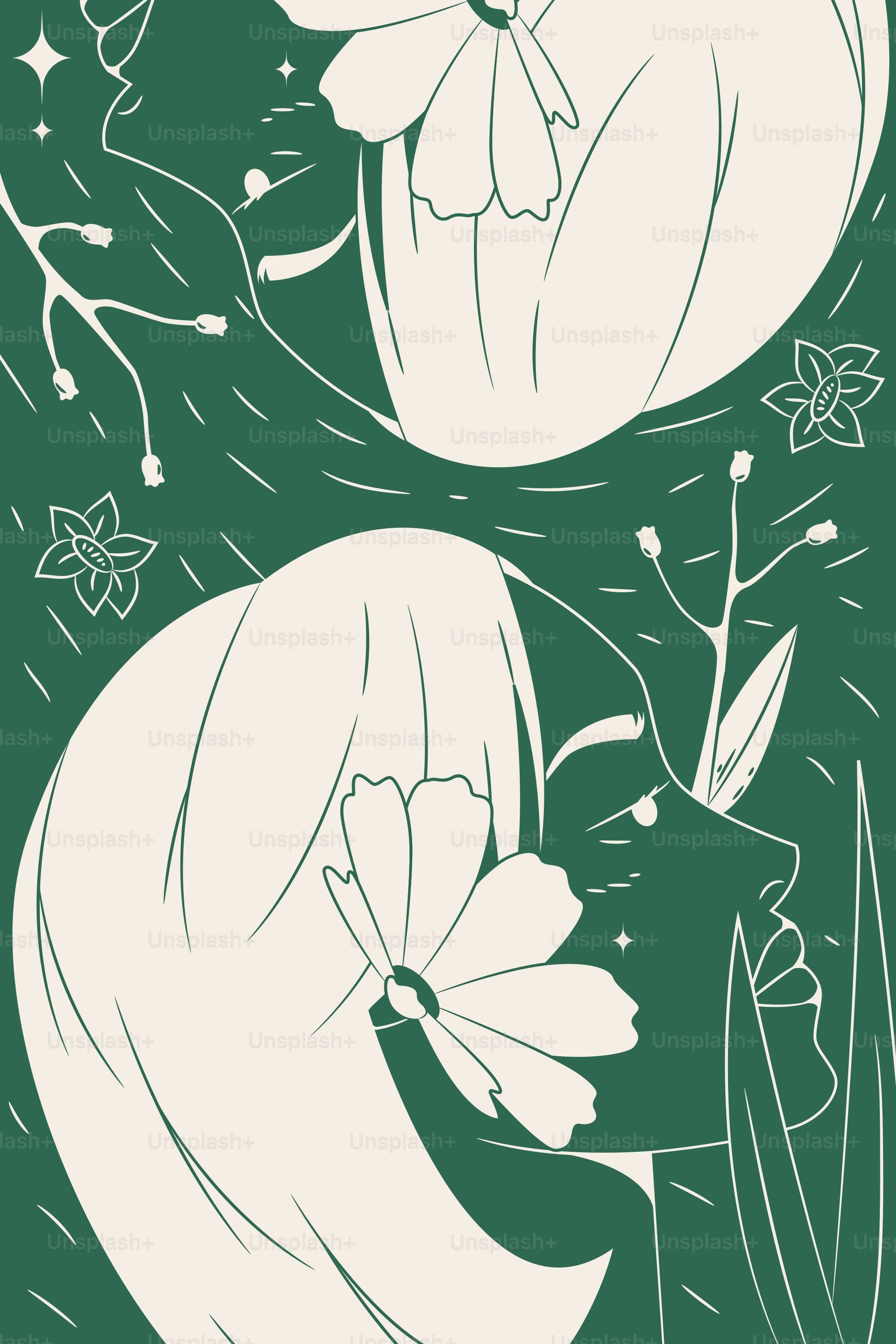 Floral woman's profile on a green background.