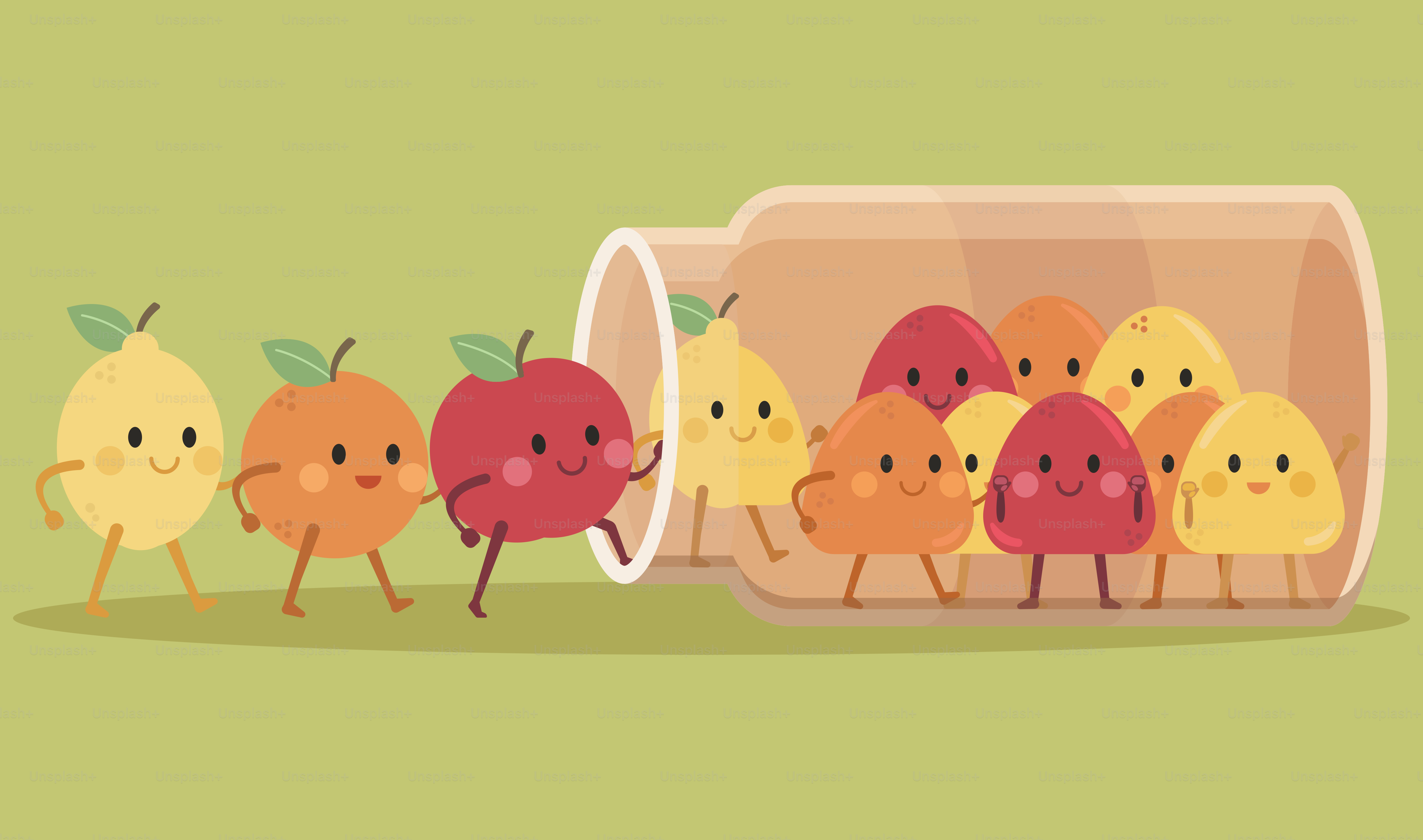 Cute fruit characters are running out of a jar.