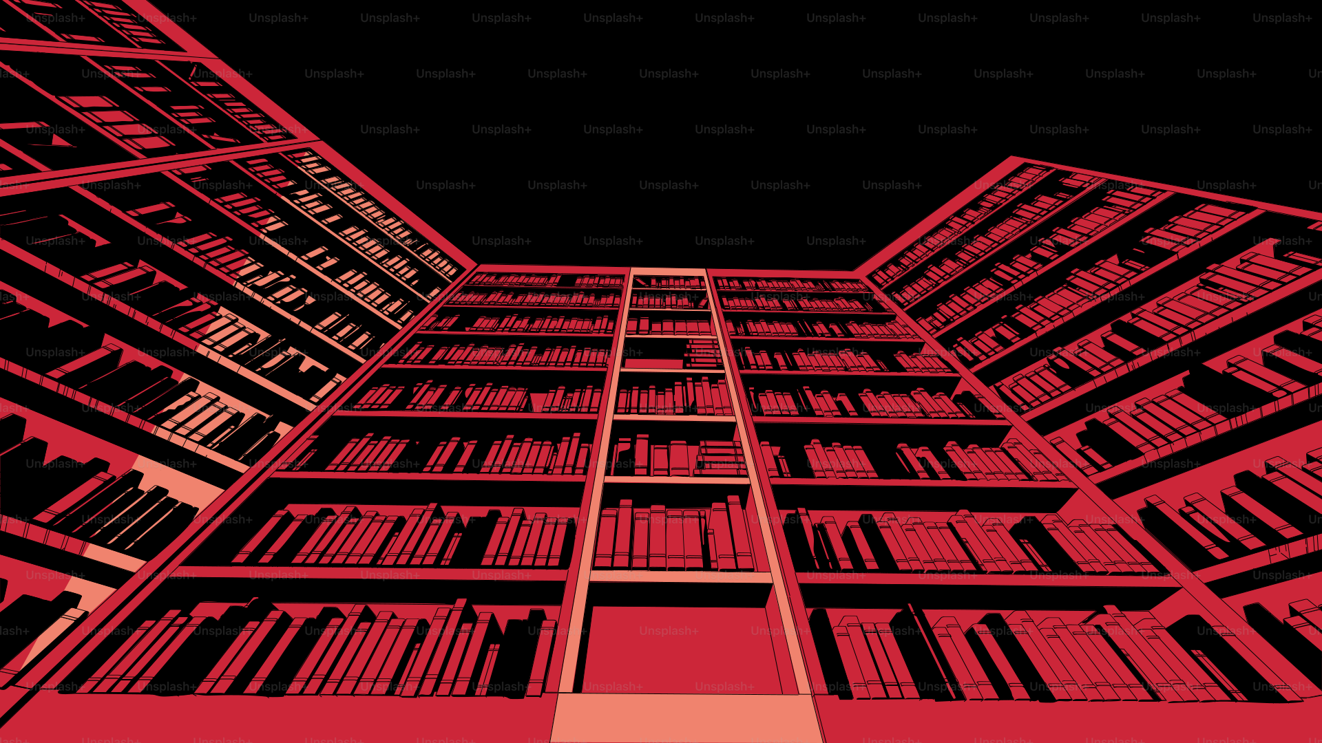 Red shelves reach towards a dark, empty sky.
