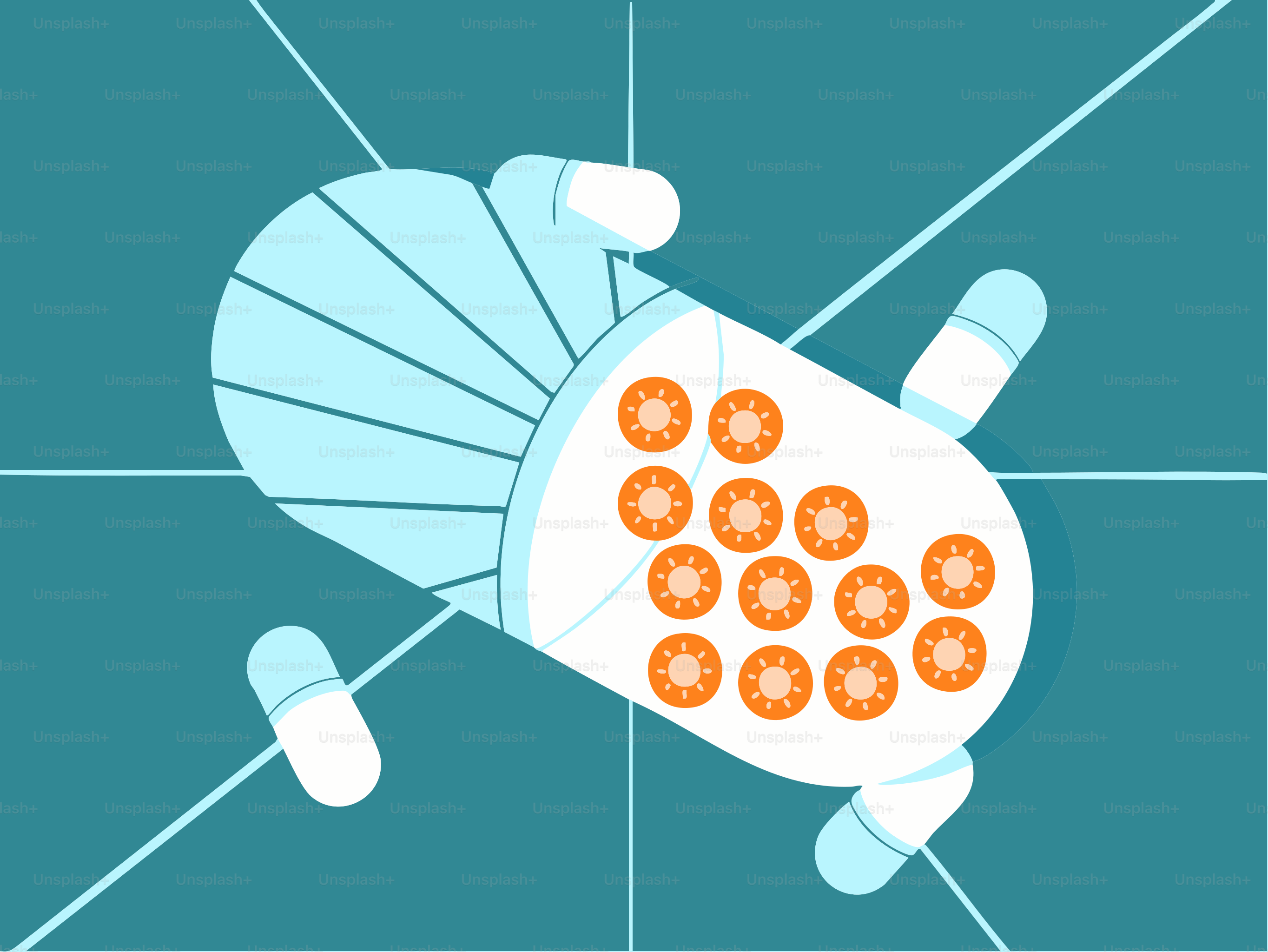 Una ilustración en forma de píldora con círculos naranjas en su interior.