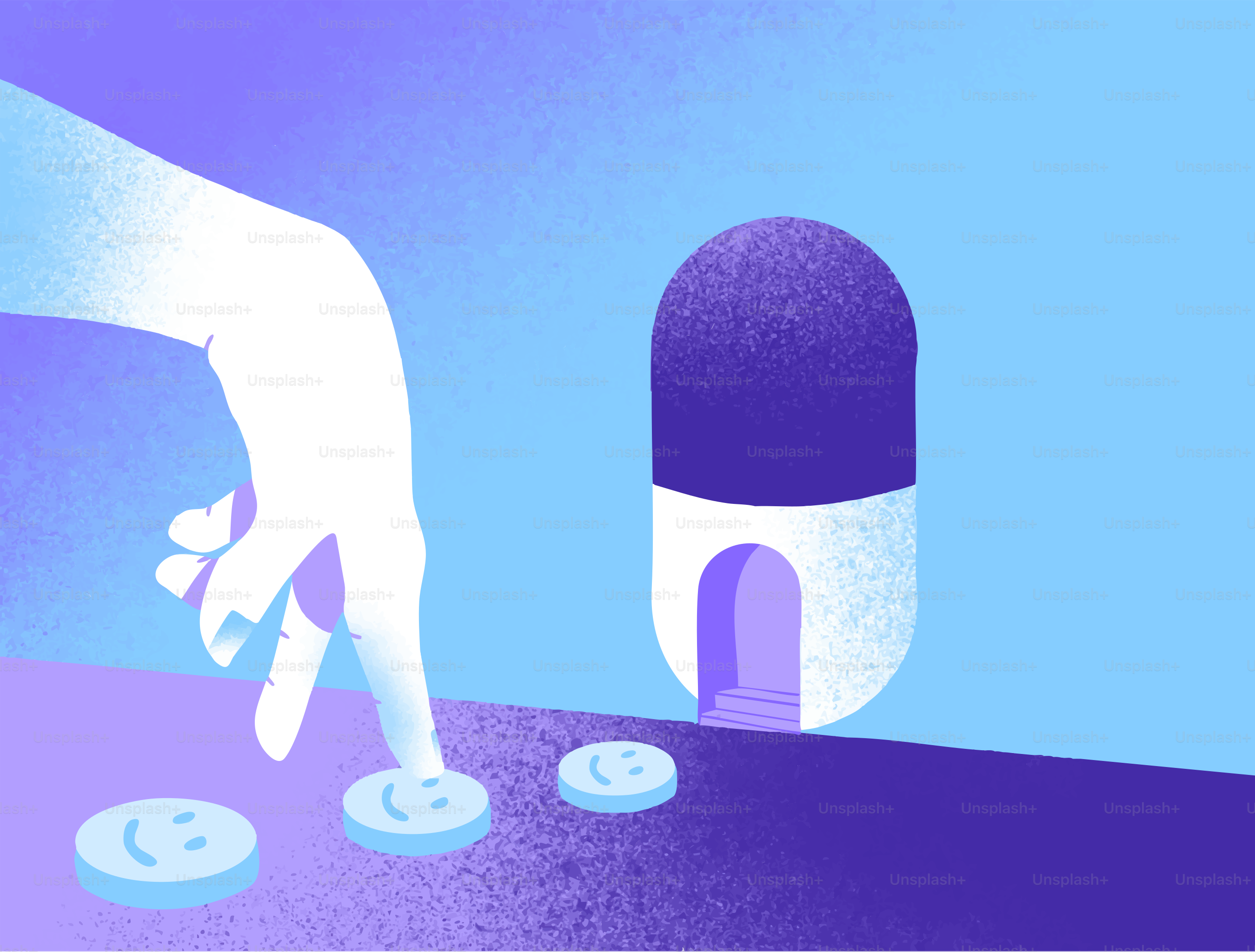 Una mano camina hacia una puerta en forma de píldora.