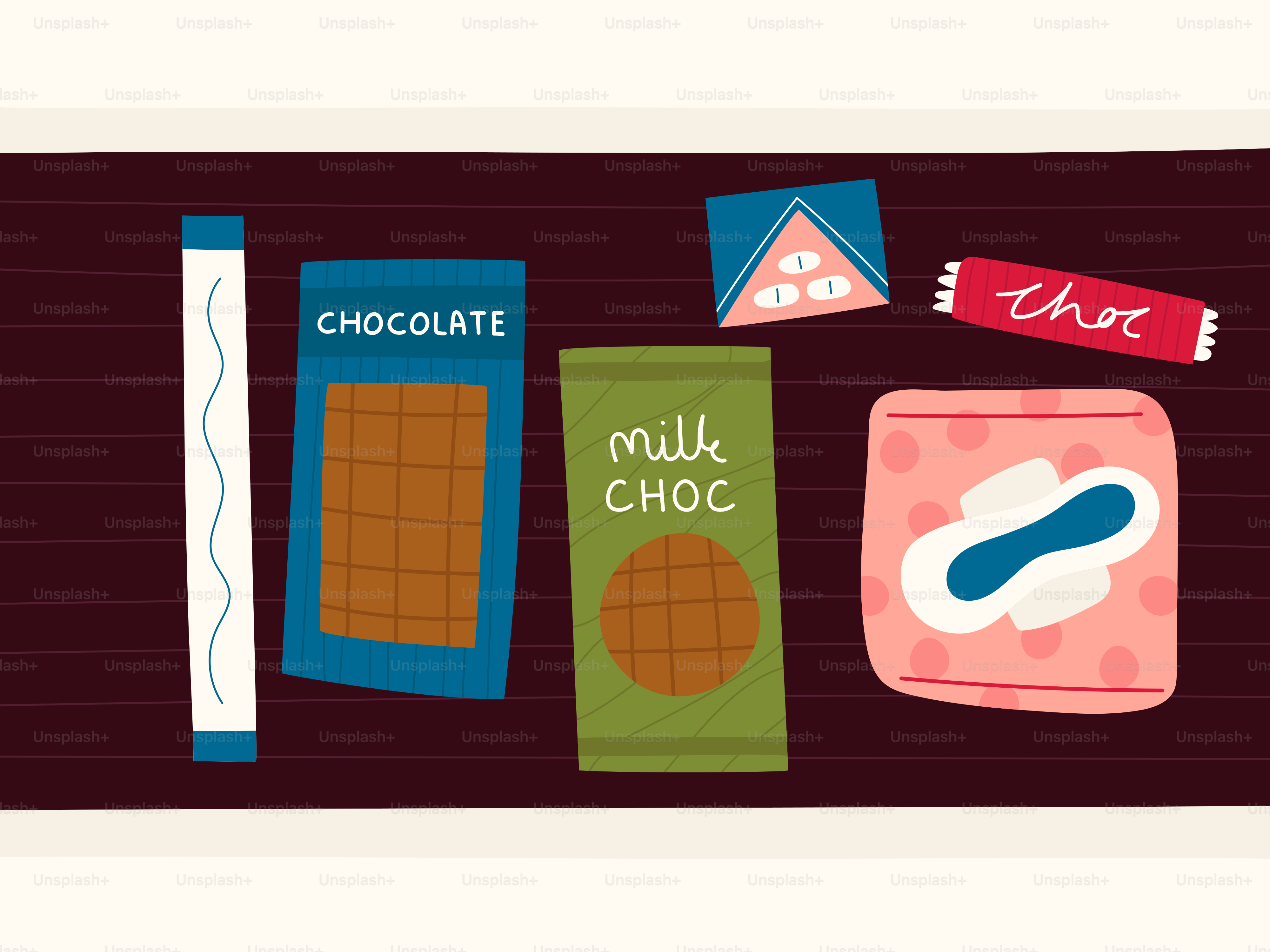 Chocolates and feminine hygiene products are displayed.