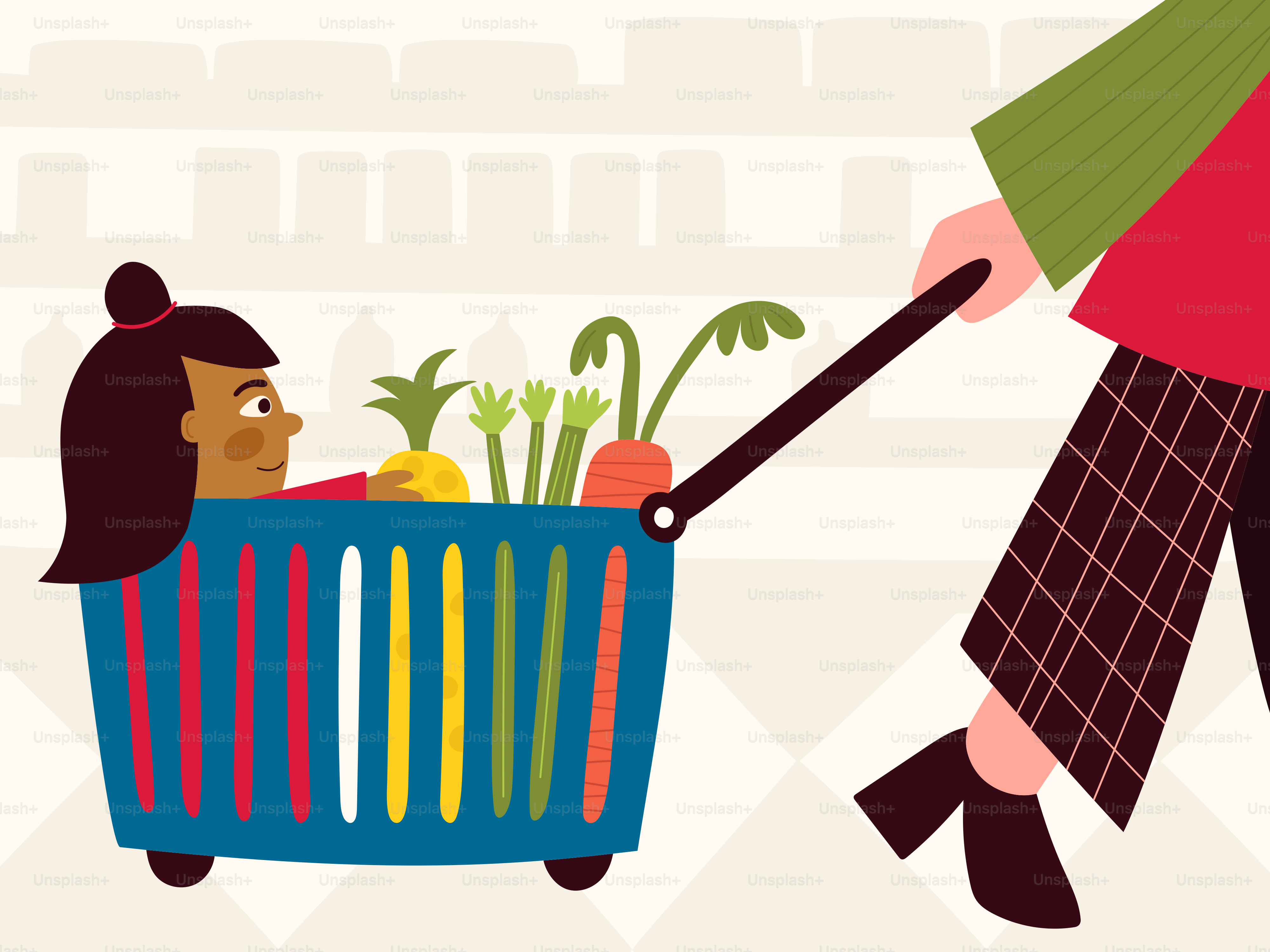 Un niño va en un carrito de la compra con frutas y verduras.