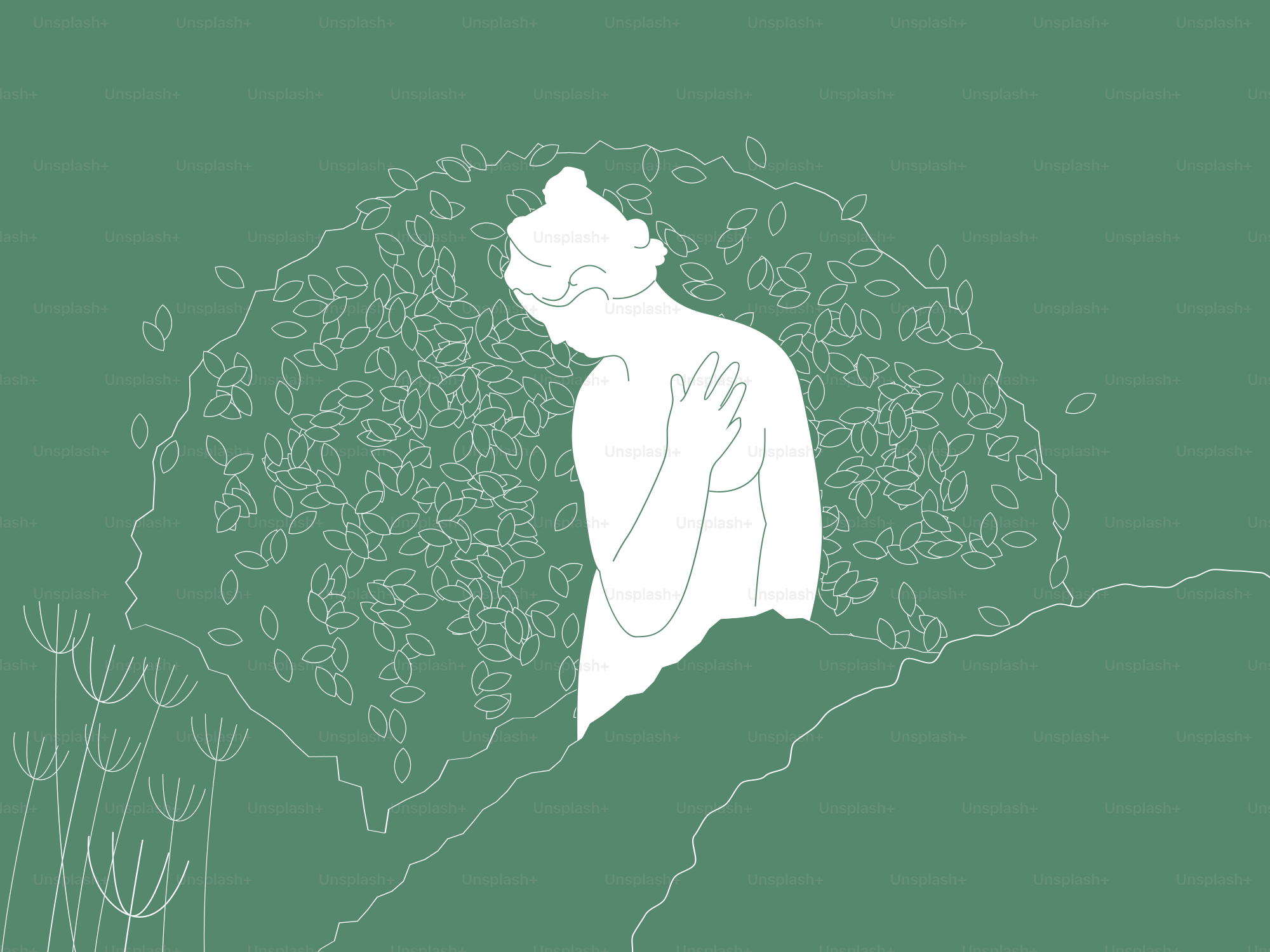 A woman stands near greenery, gazing down.