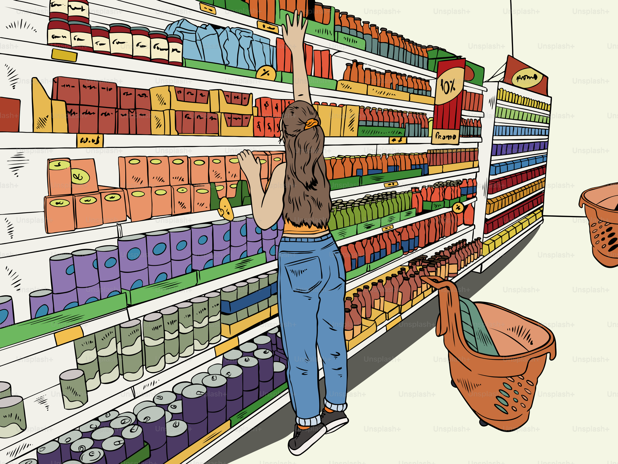 A woman reaches for an item on a grocery shelf.