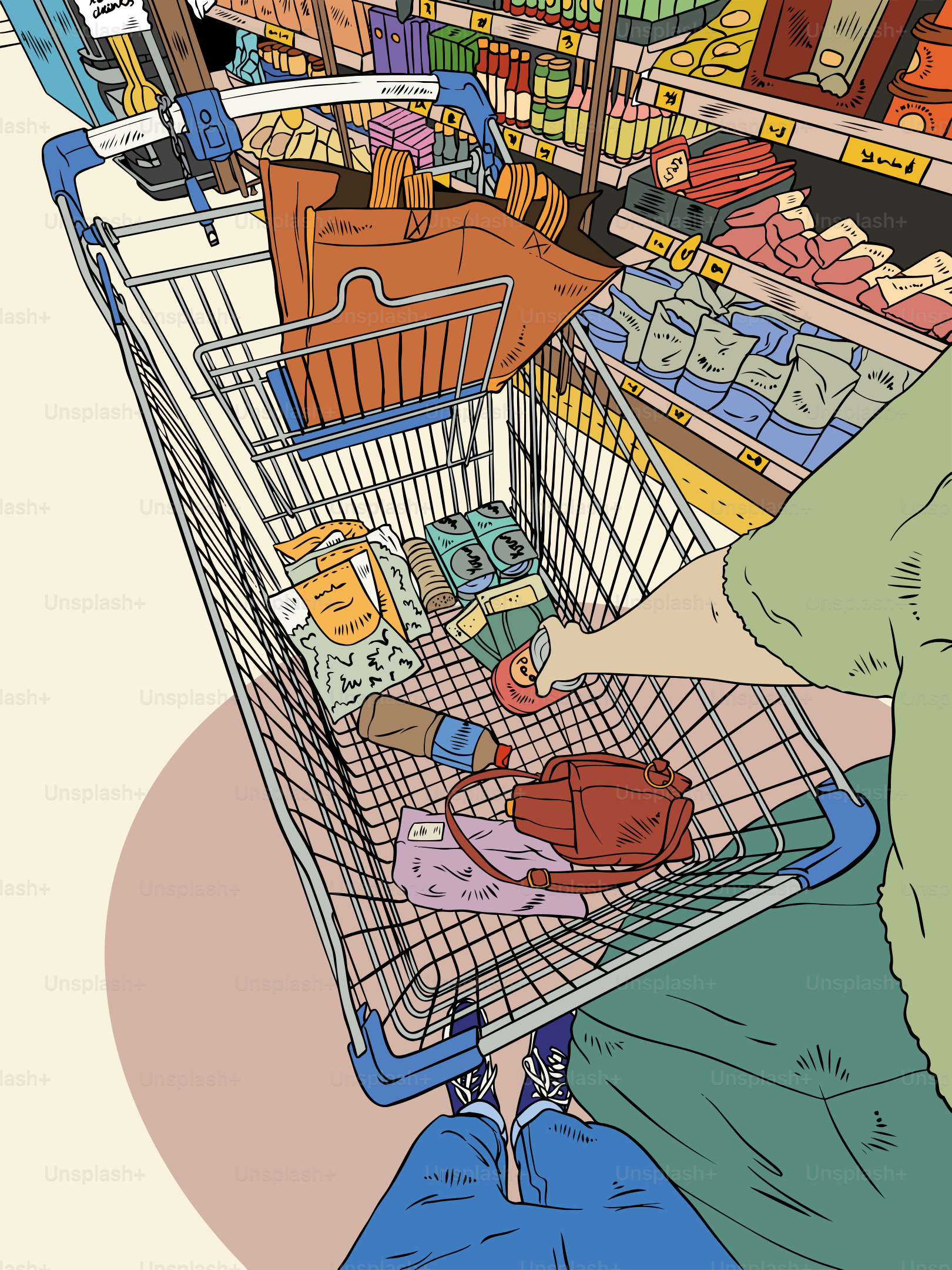 Looking down into a full shopping cart.