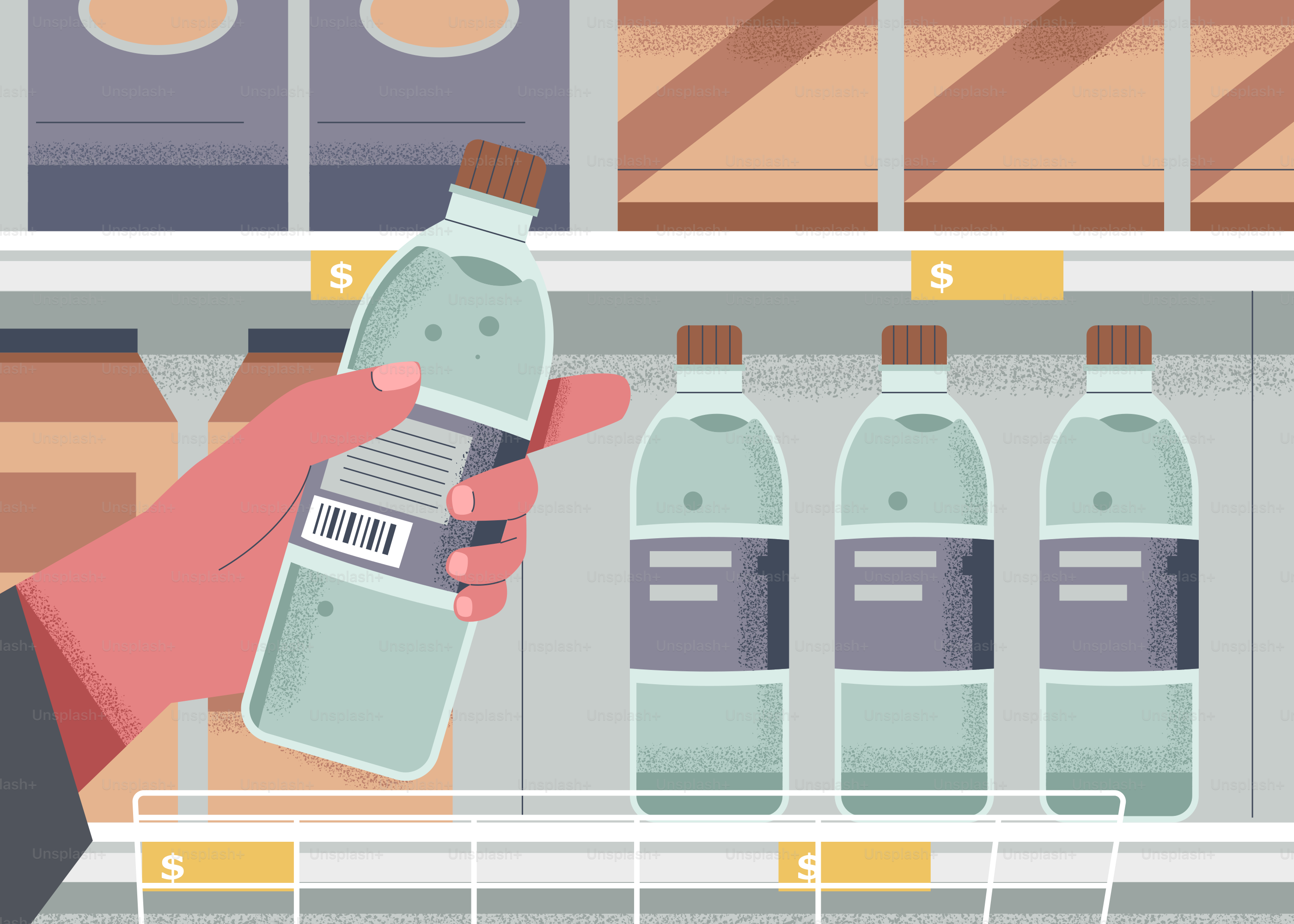 A hand picks up a bottle of water.