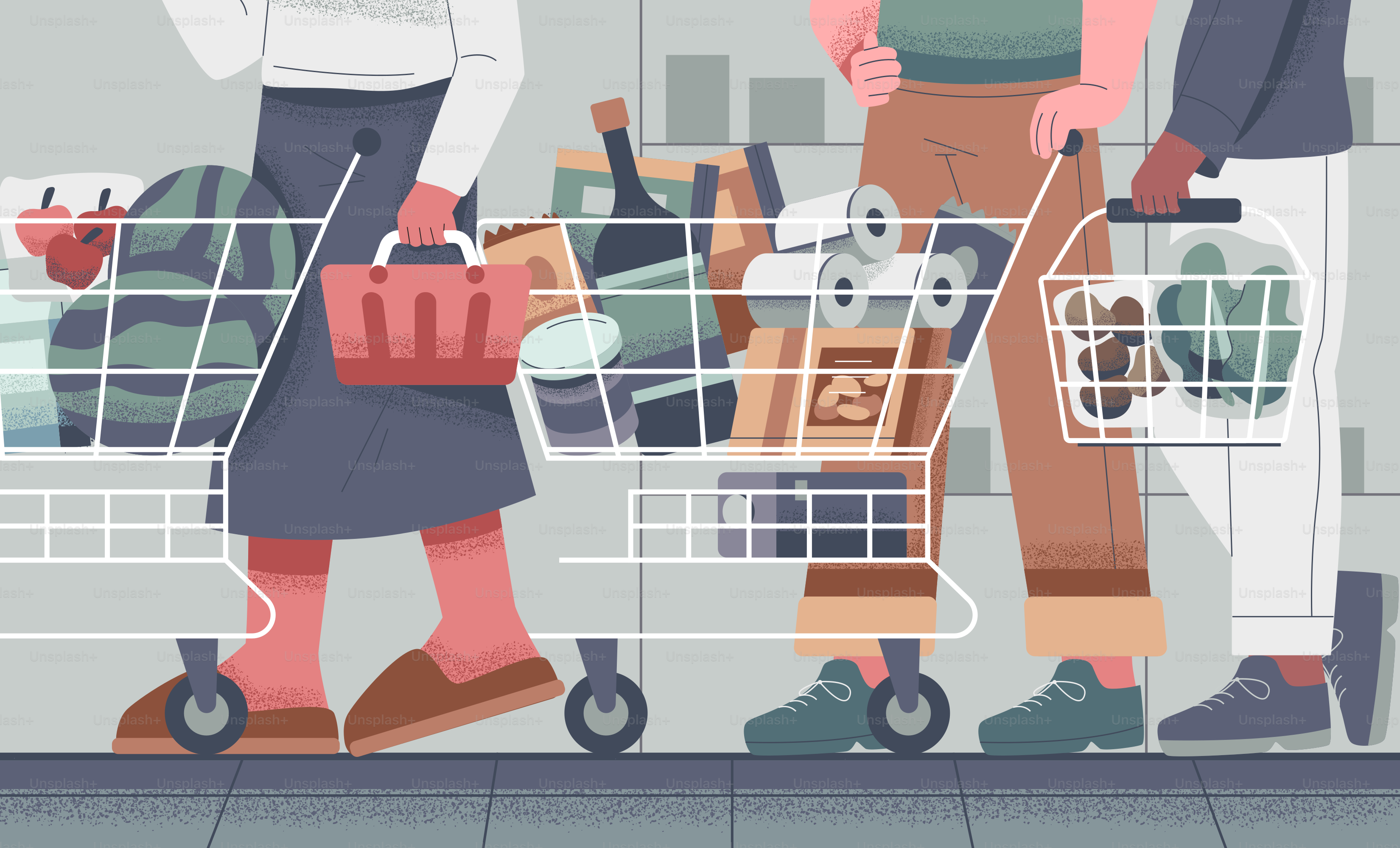 Die Leute kaufen in einem Lebensmittelgeschäft mit Einkaufswagen ein.