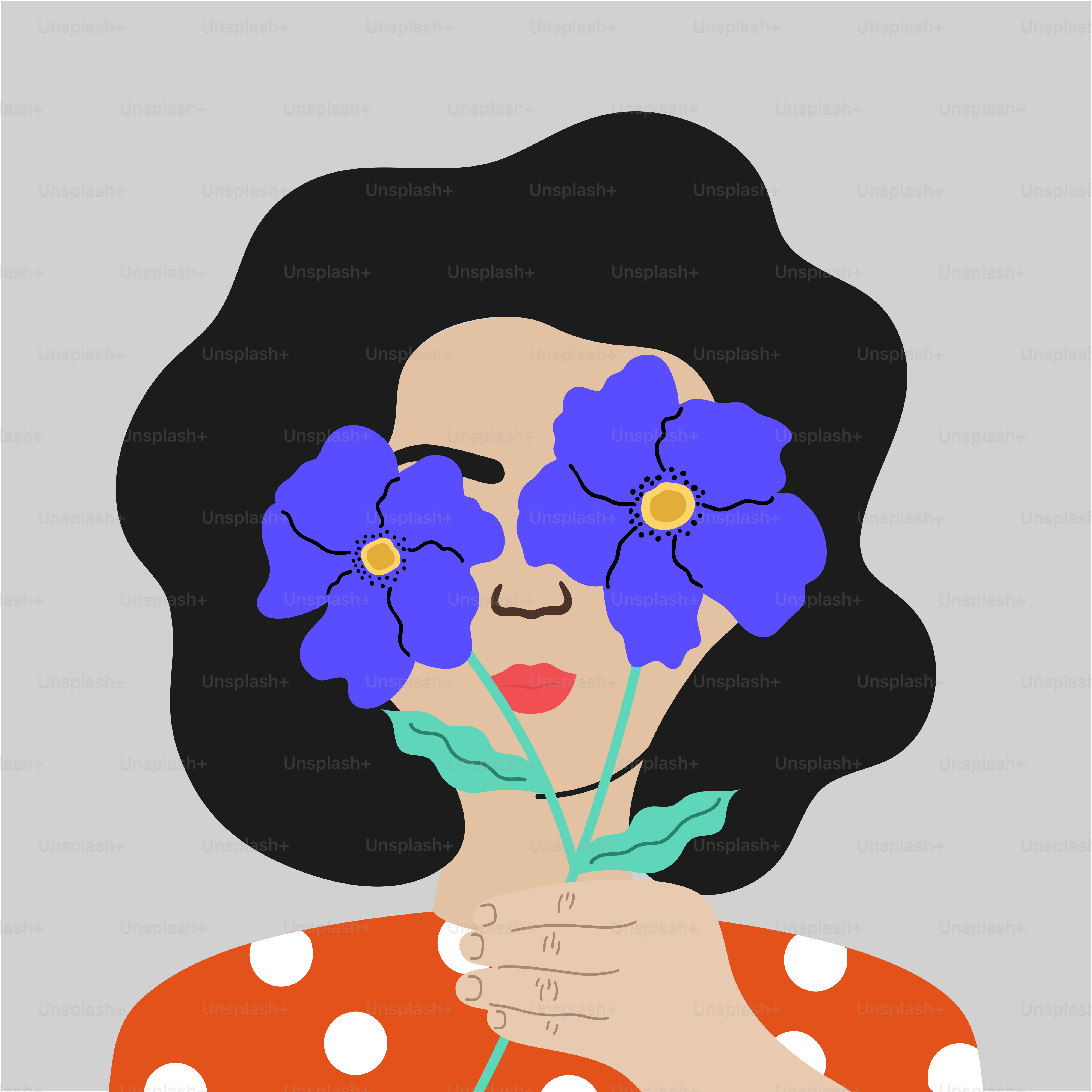 La mujer se cubre los ojos con dos flores azules