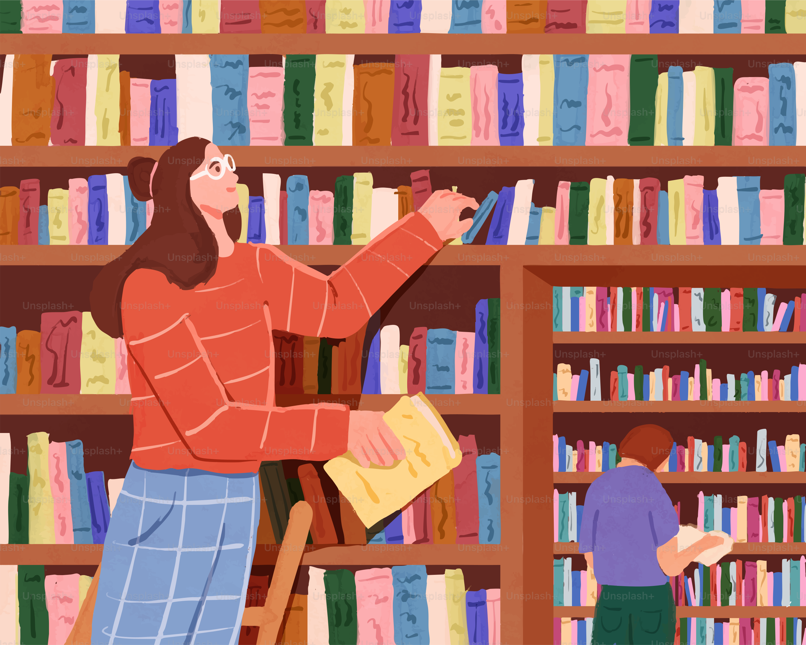 A woman chooses a book in a library.