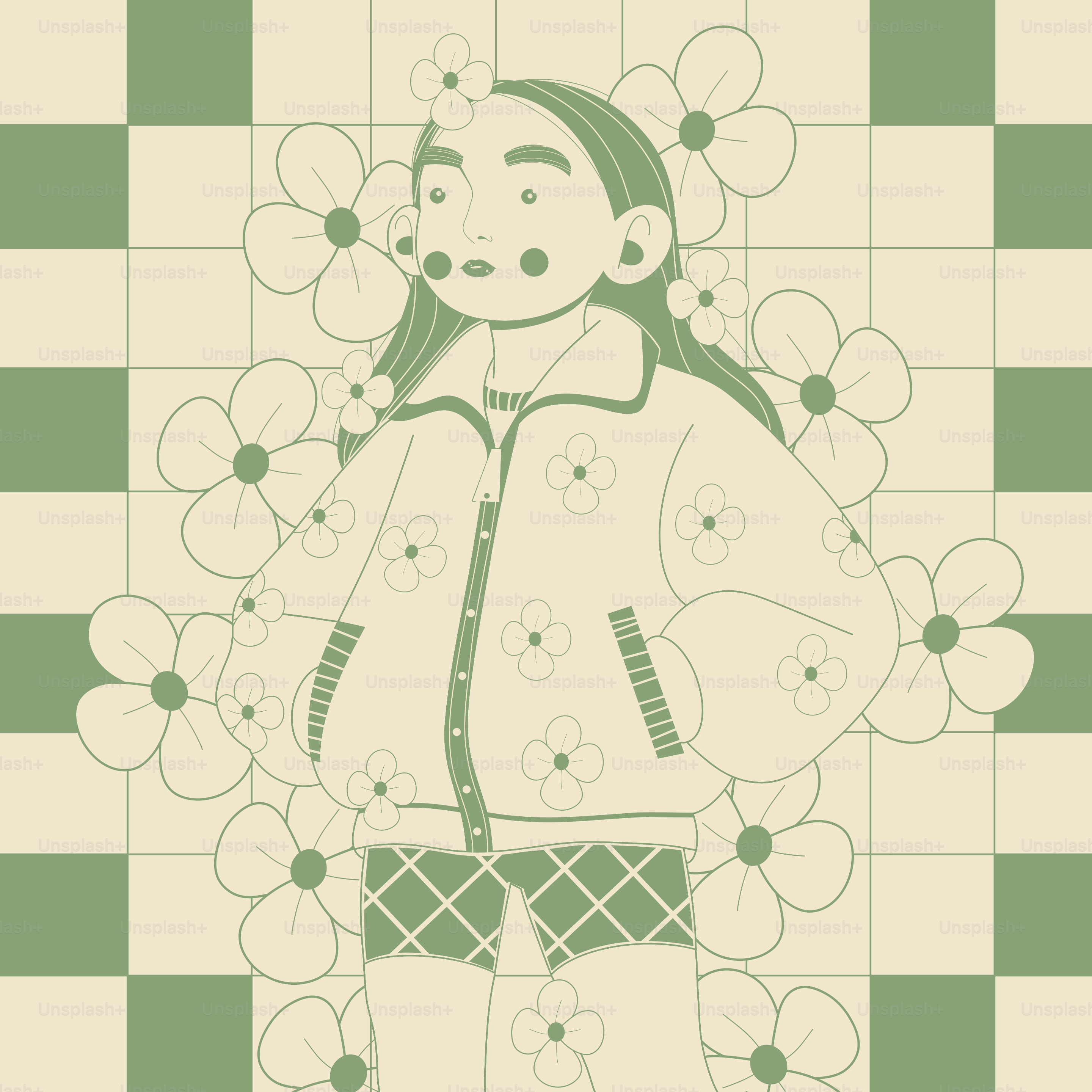 Girl in a flower jacket surrounded by blooms.