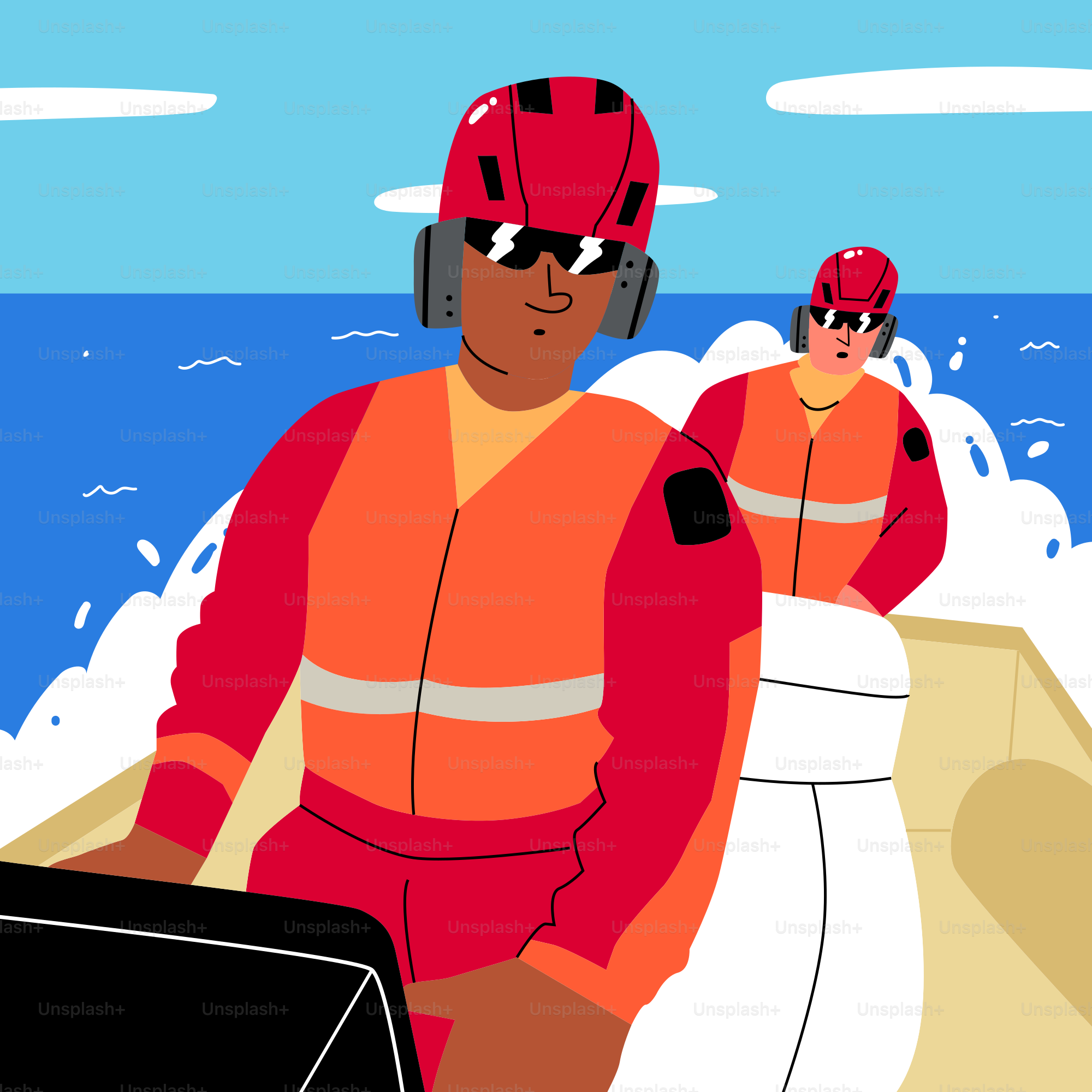 Rescue workers on a boat ride over the waves.