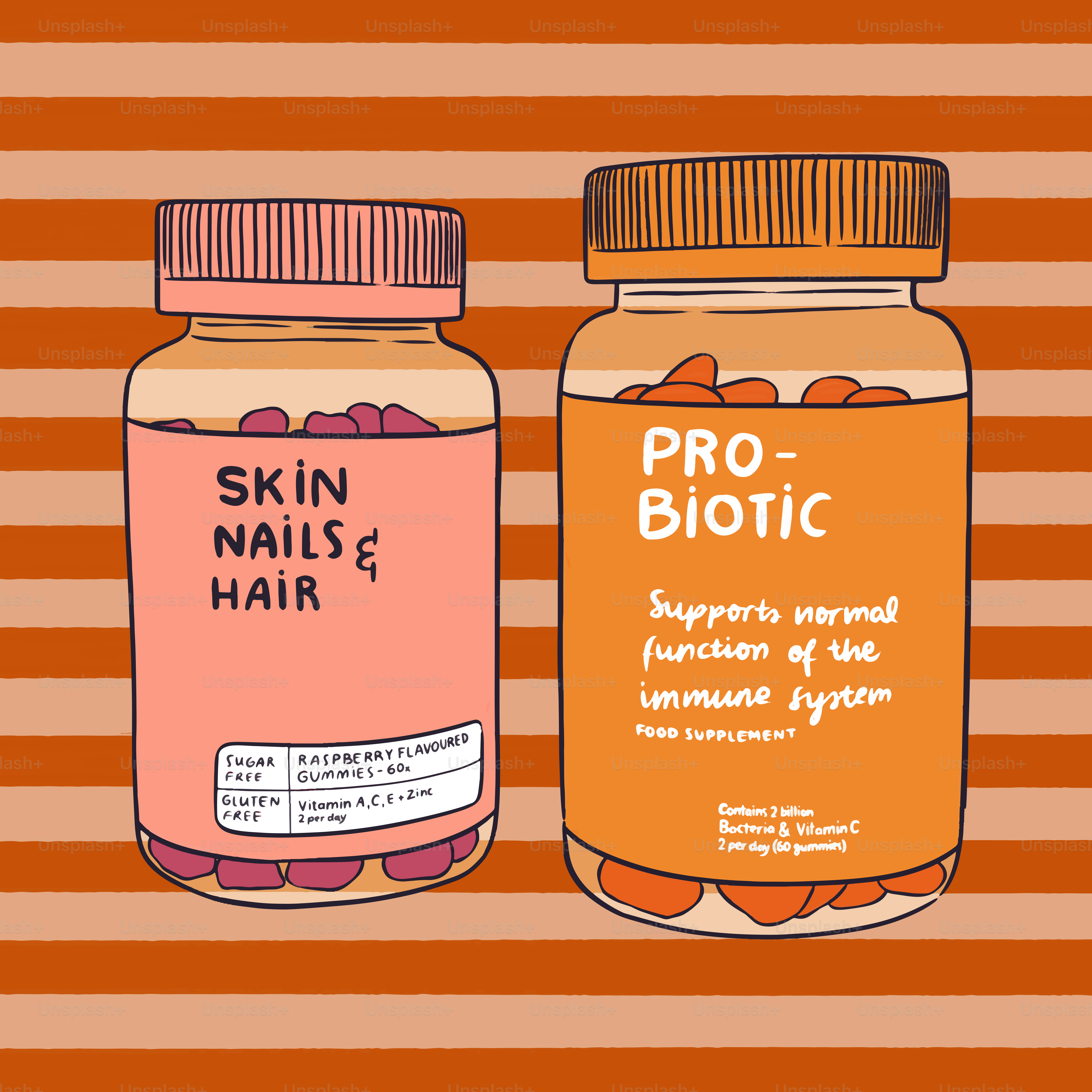 Bottles of vitamins for skin, nails, hair, and probiotics.