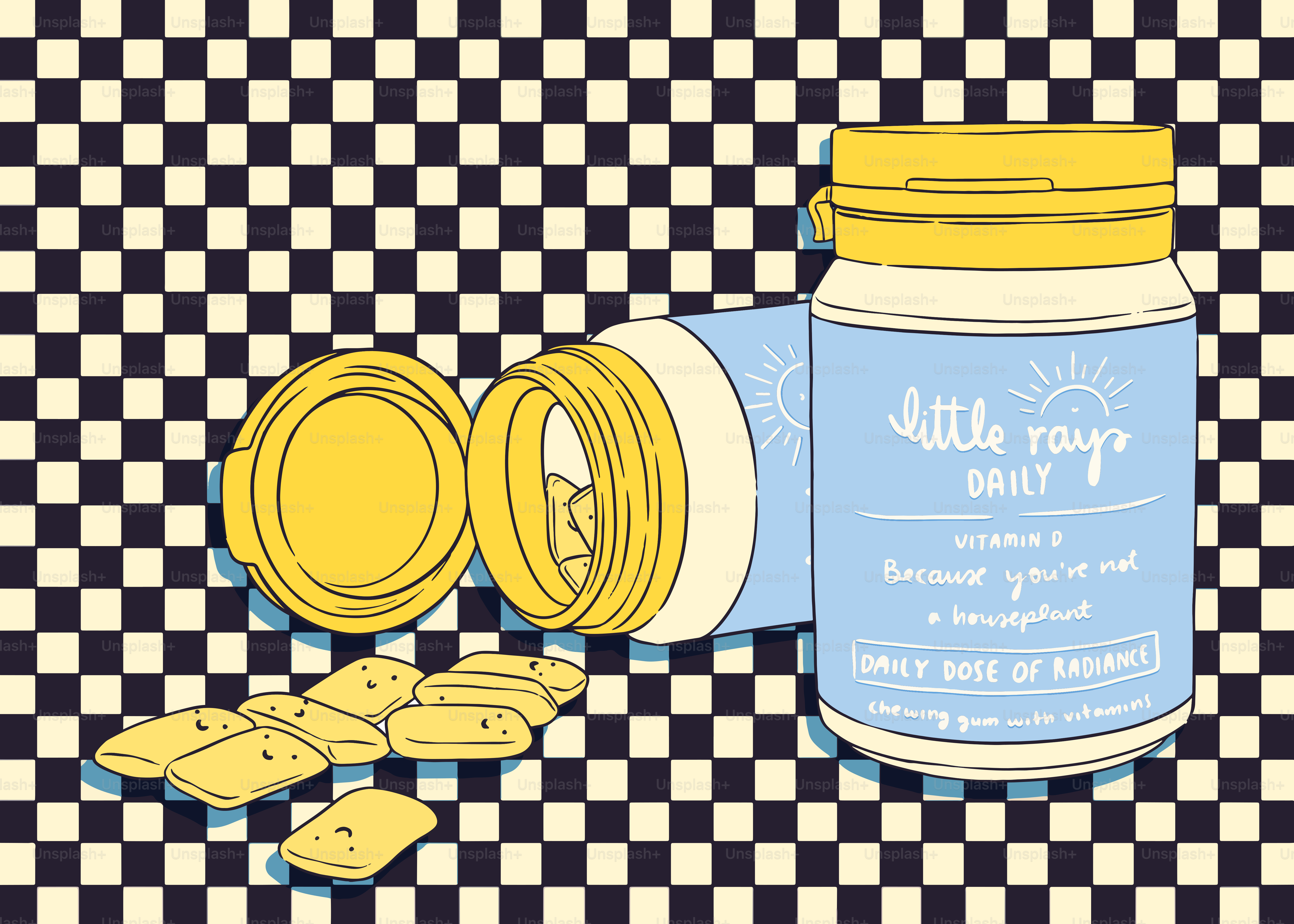 Se muestran suplementos vitamínicos, con un diseño lúdico.