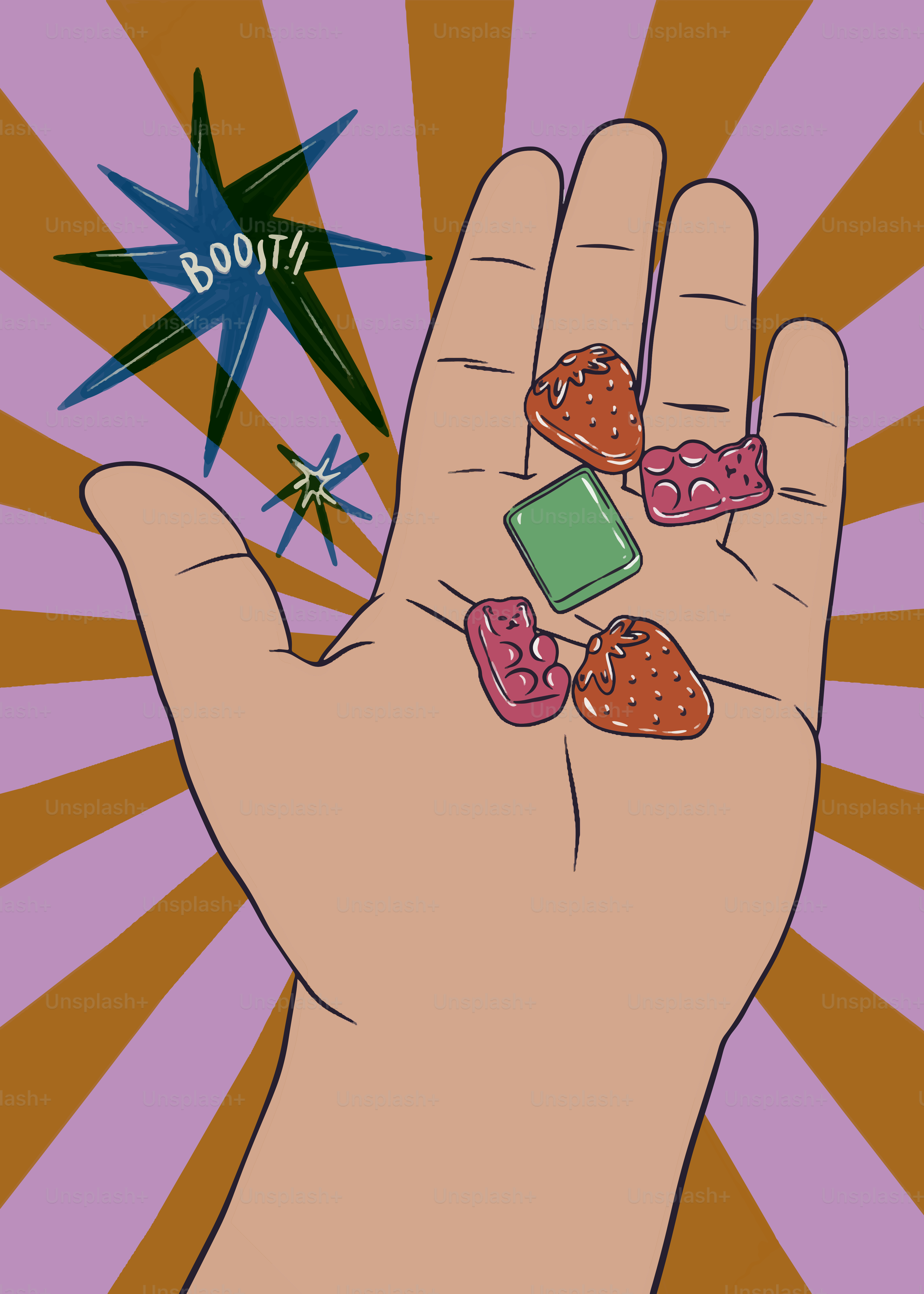 Hand holds an assortment of gummy candies.