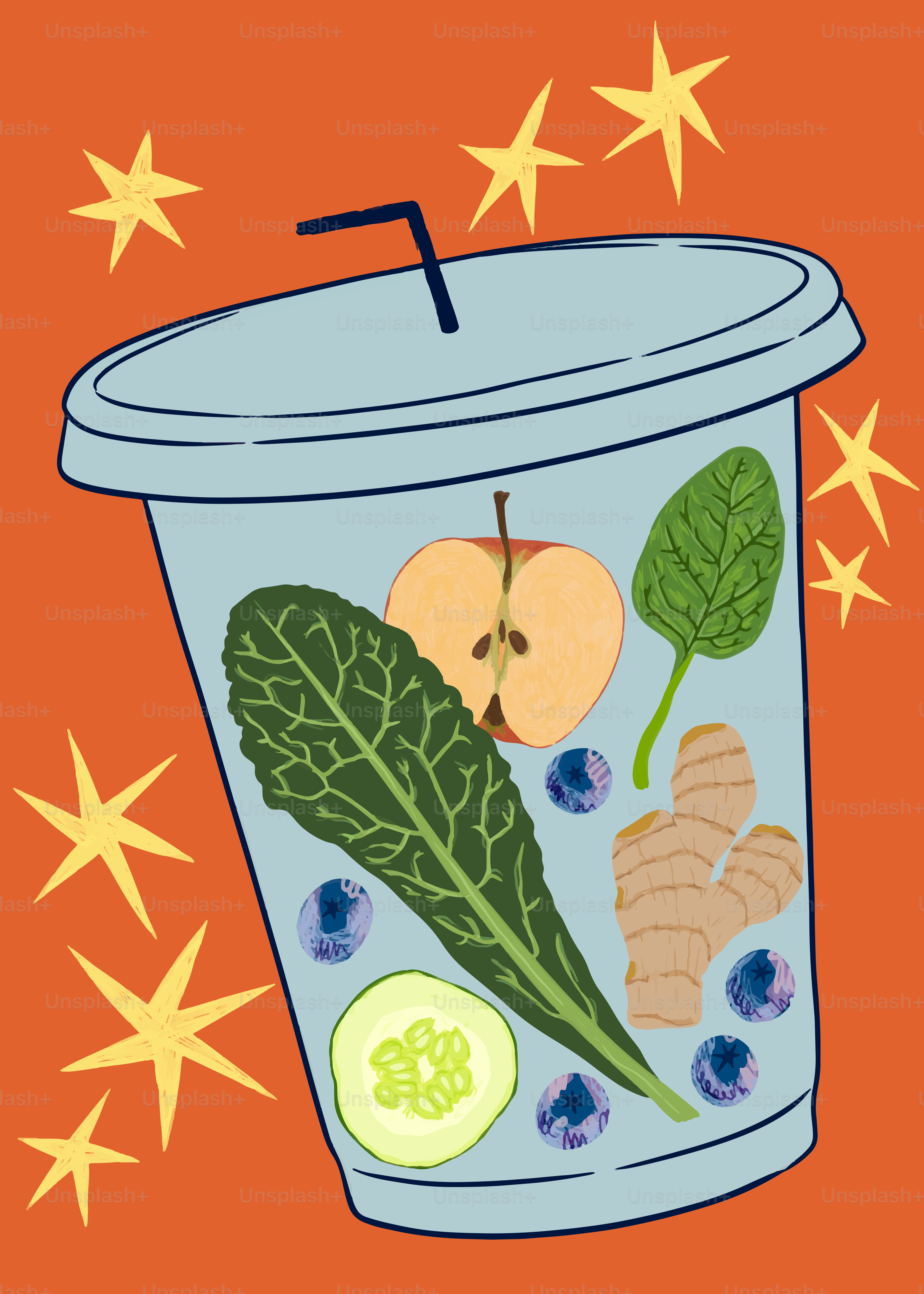 A healthy smoothie with ingredients inside a cup.