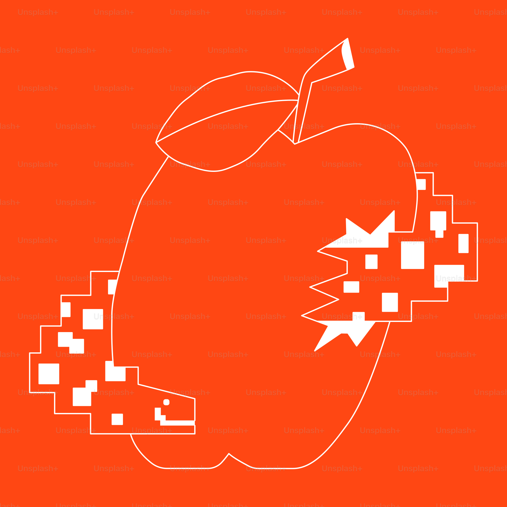 A pixelated apple with orange background.