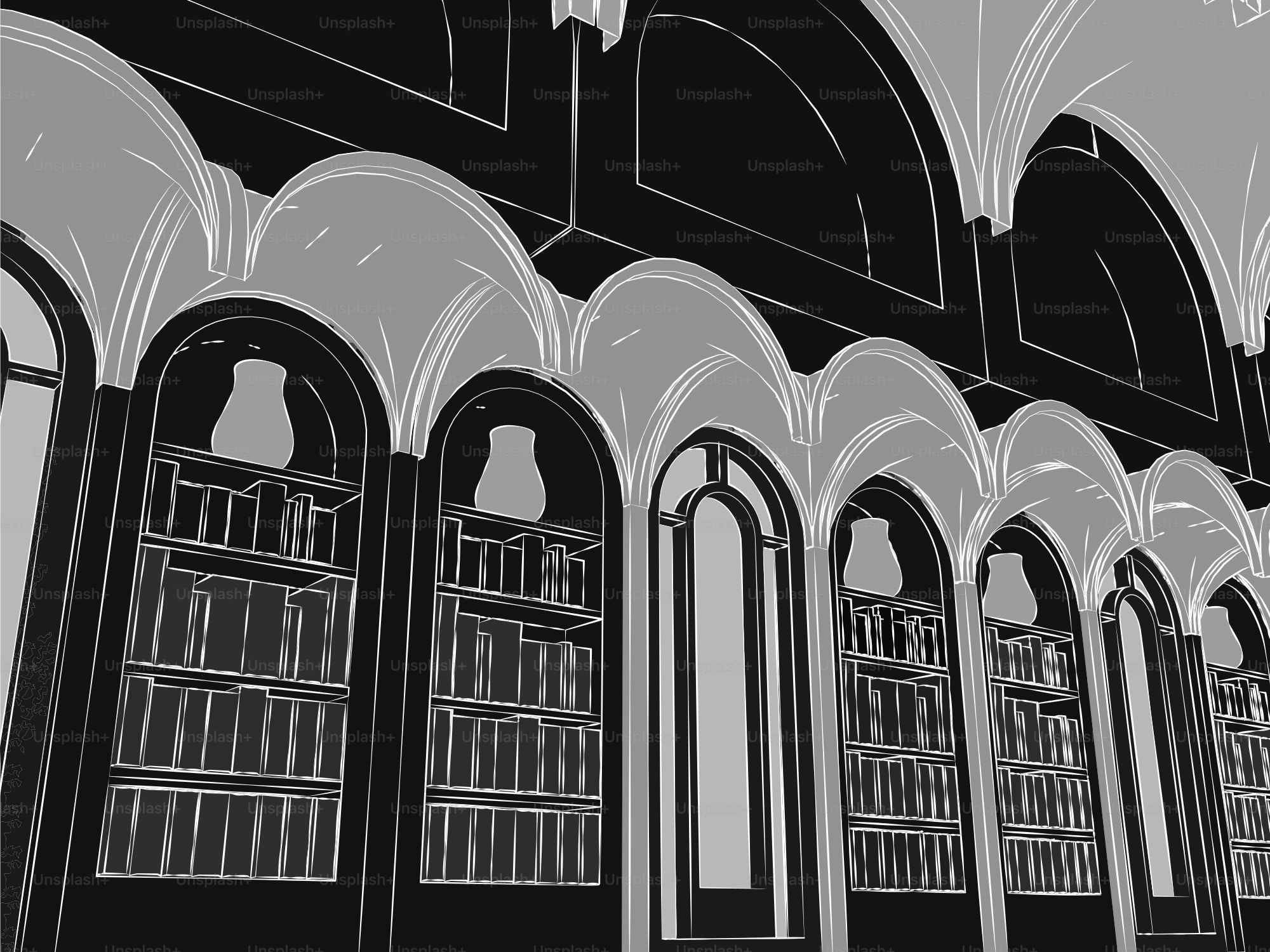 A library interior with arched walls.