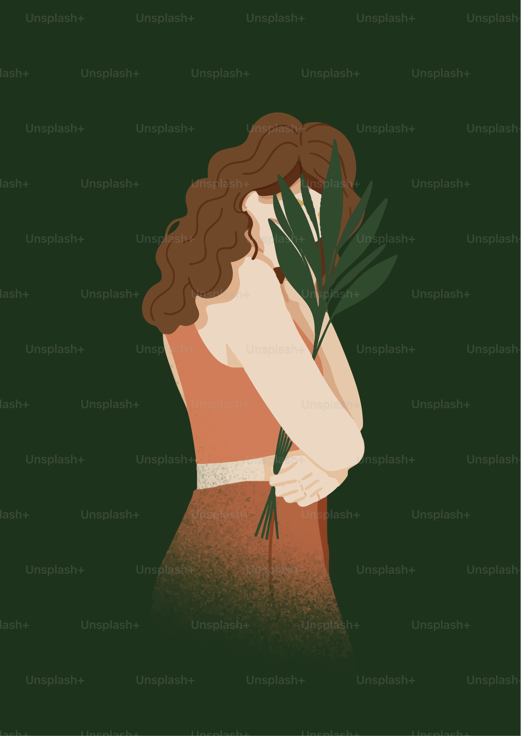 Woman hugs foliage with a serene, gentle expression.