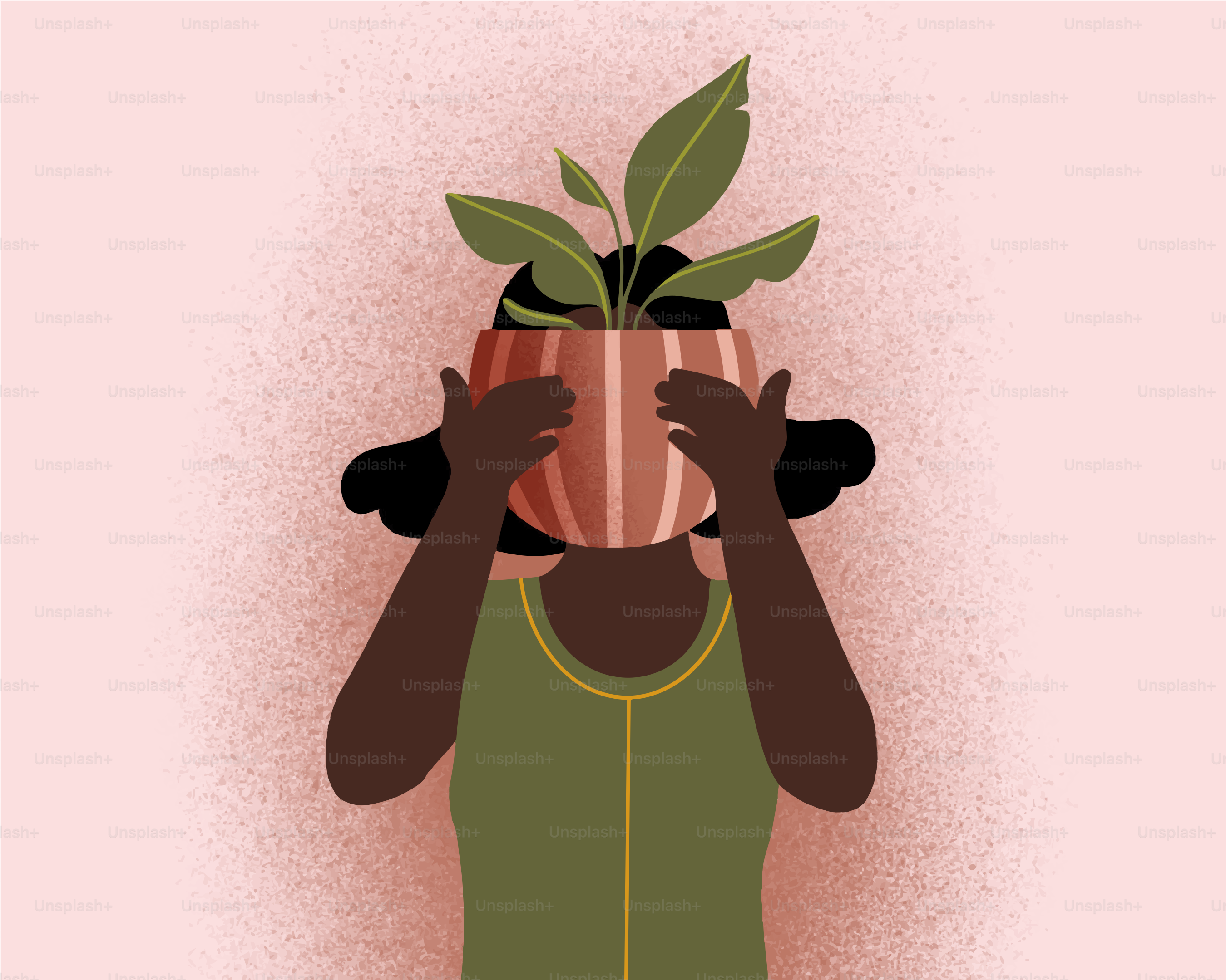 A woman hides behind a potted plant.