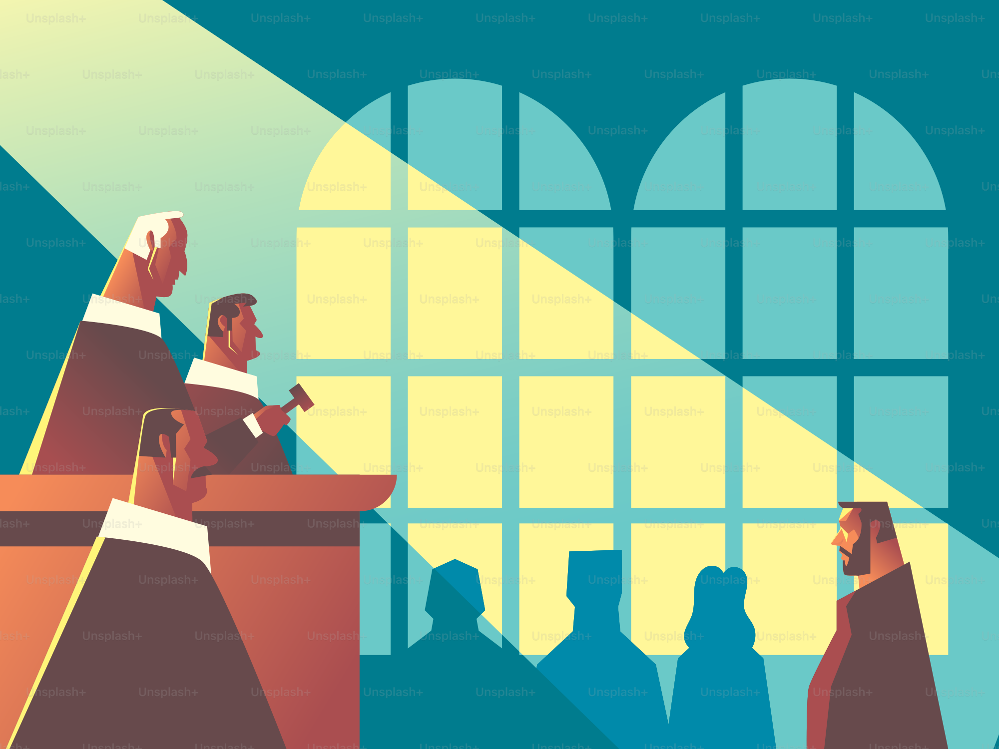 Courtroom scene featuring judges and defendants.