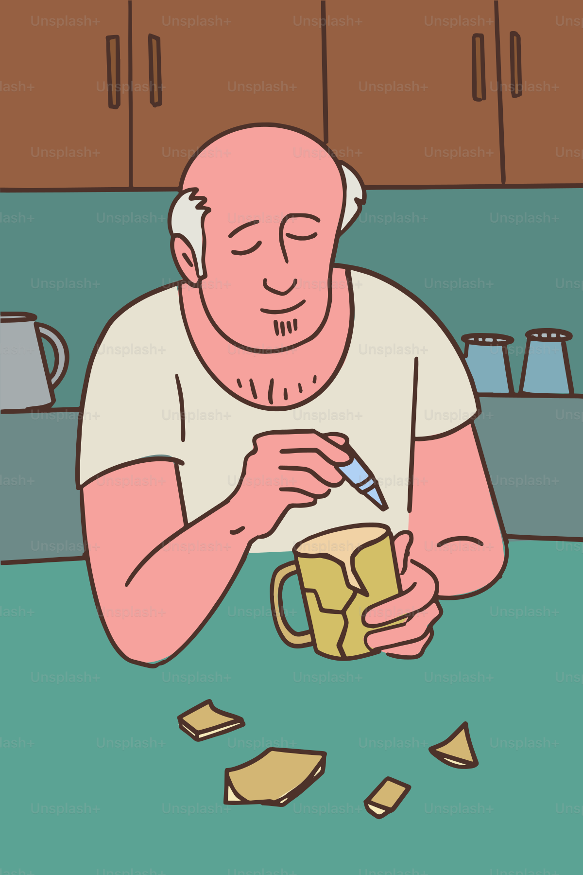 壊れた陶器のマグカップを修理している男。
