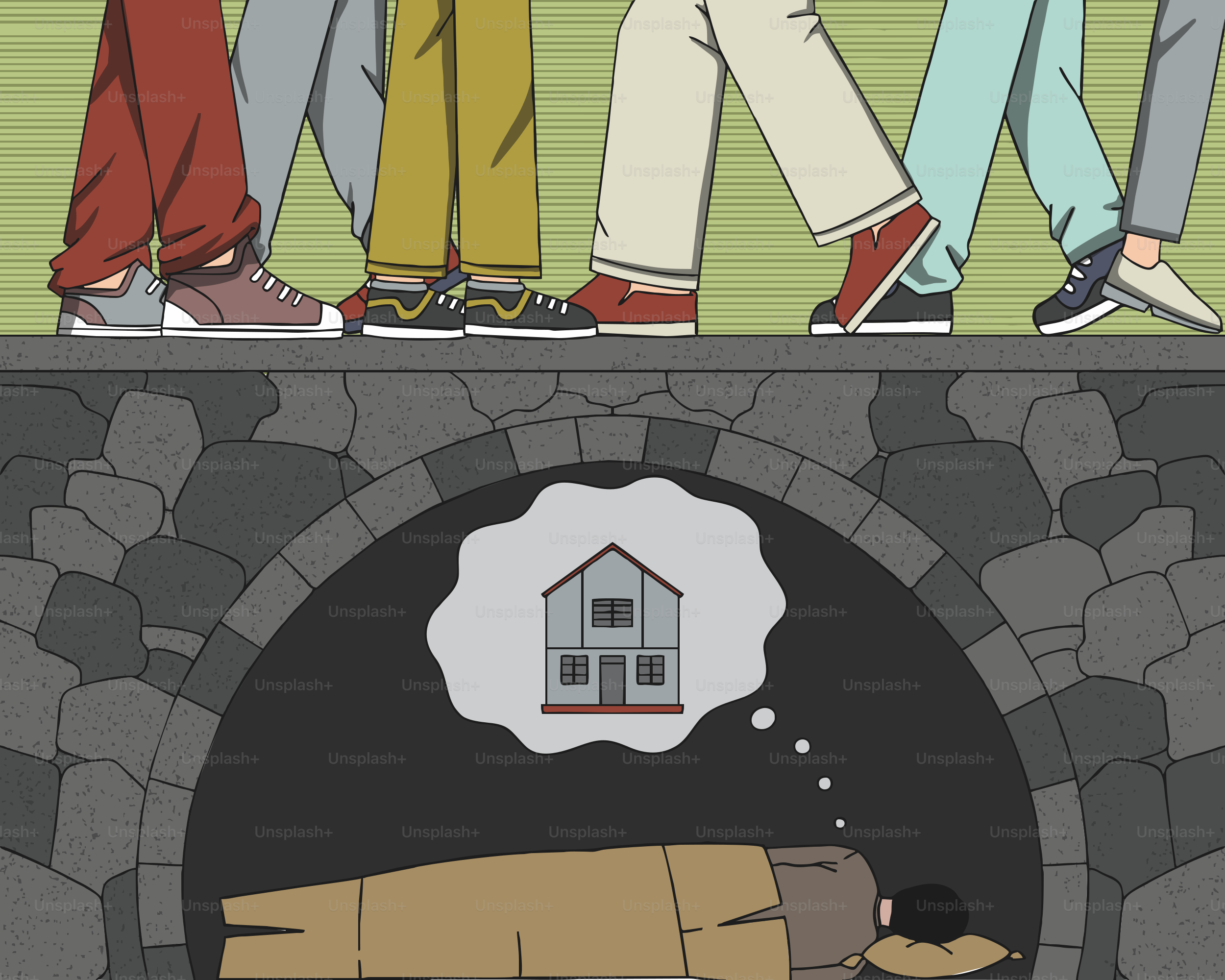 Menschen überqueren eine Brücke und denken an ein Haus.