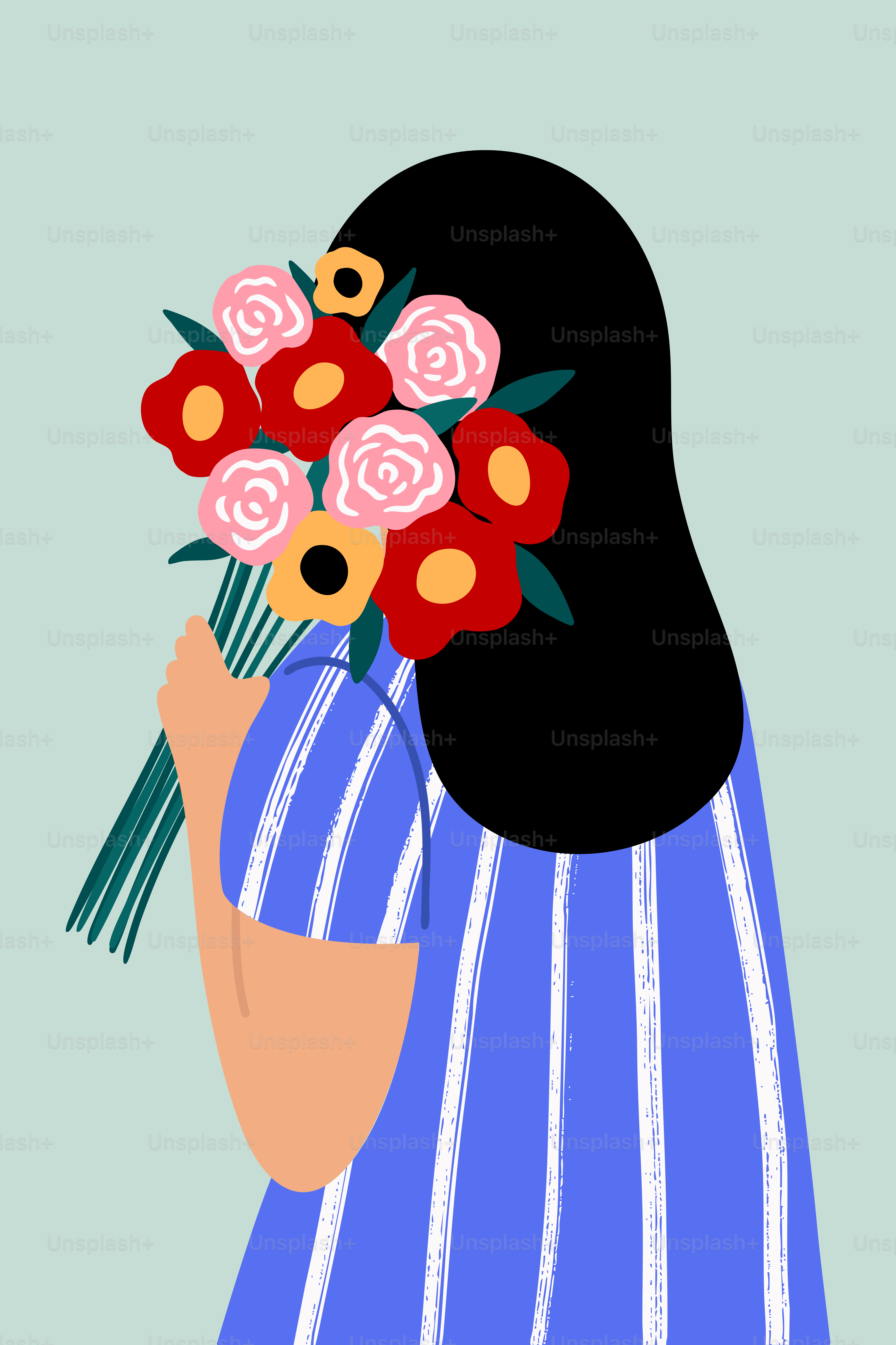 Une femme tient un bouquet de fleurs colorées.