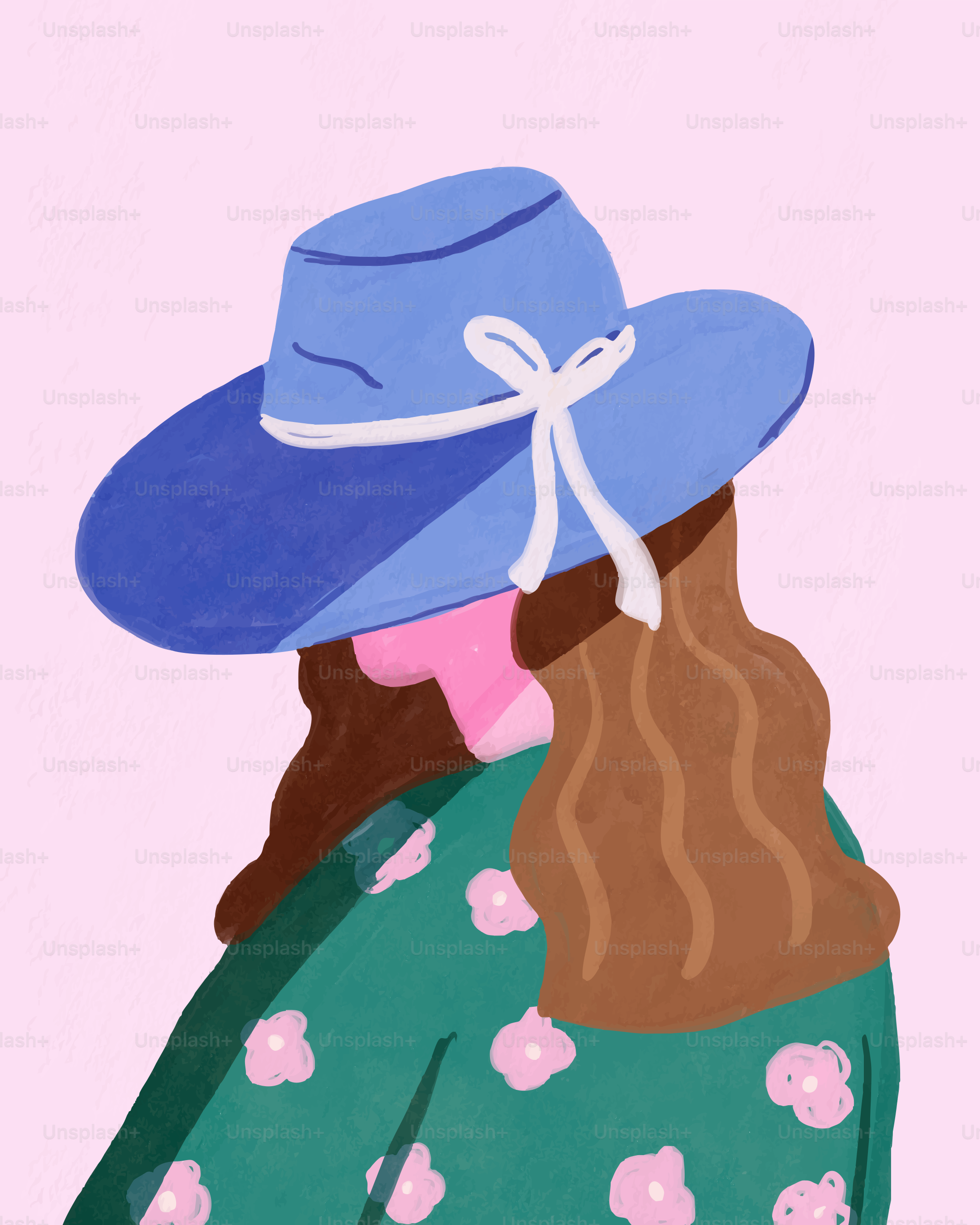 Woman wearing a blue hat and green floral dress.