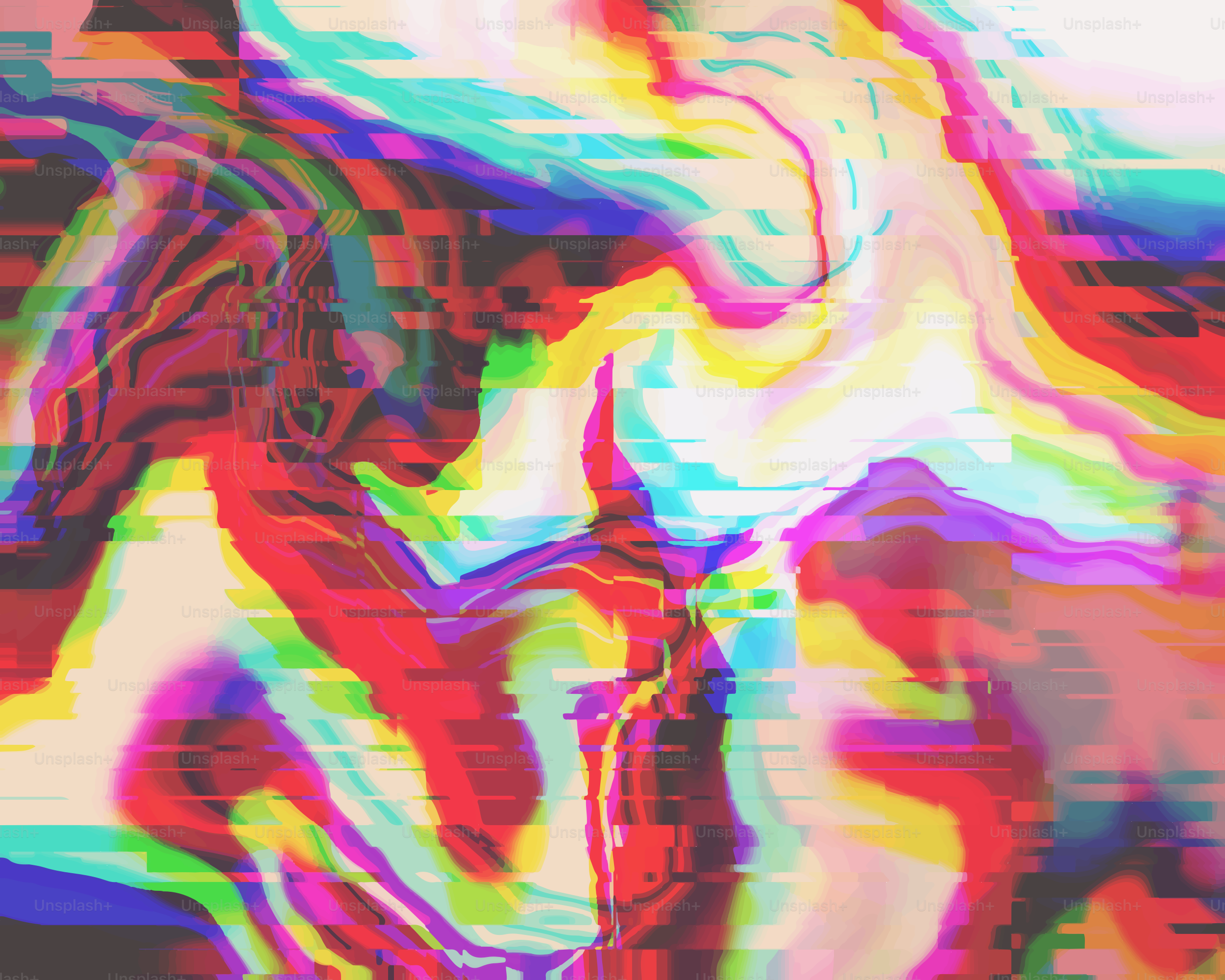 Abstract, colorful, and glitchy art.