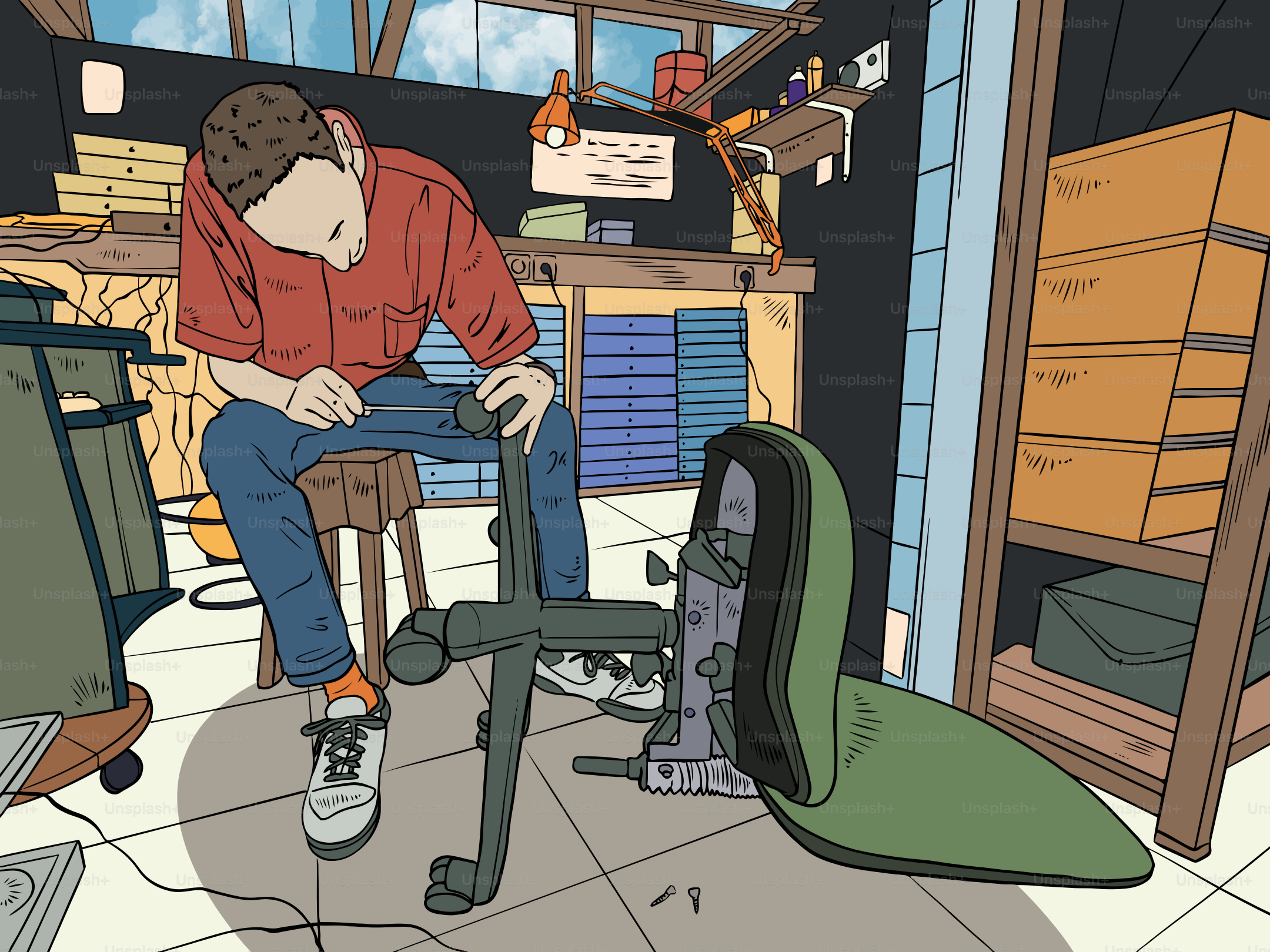 Un hombre está reparando una silla en un taller.