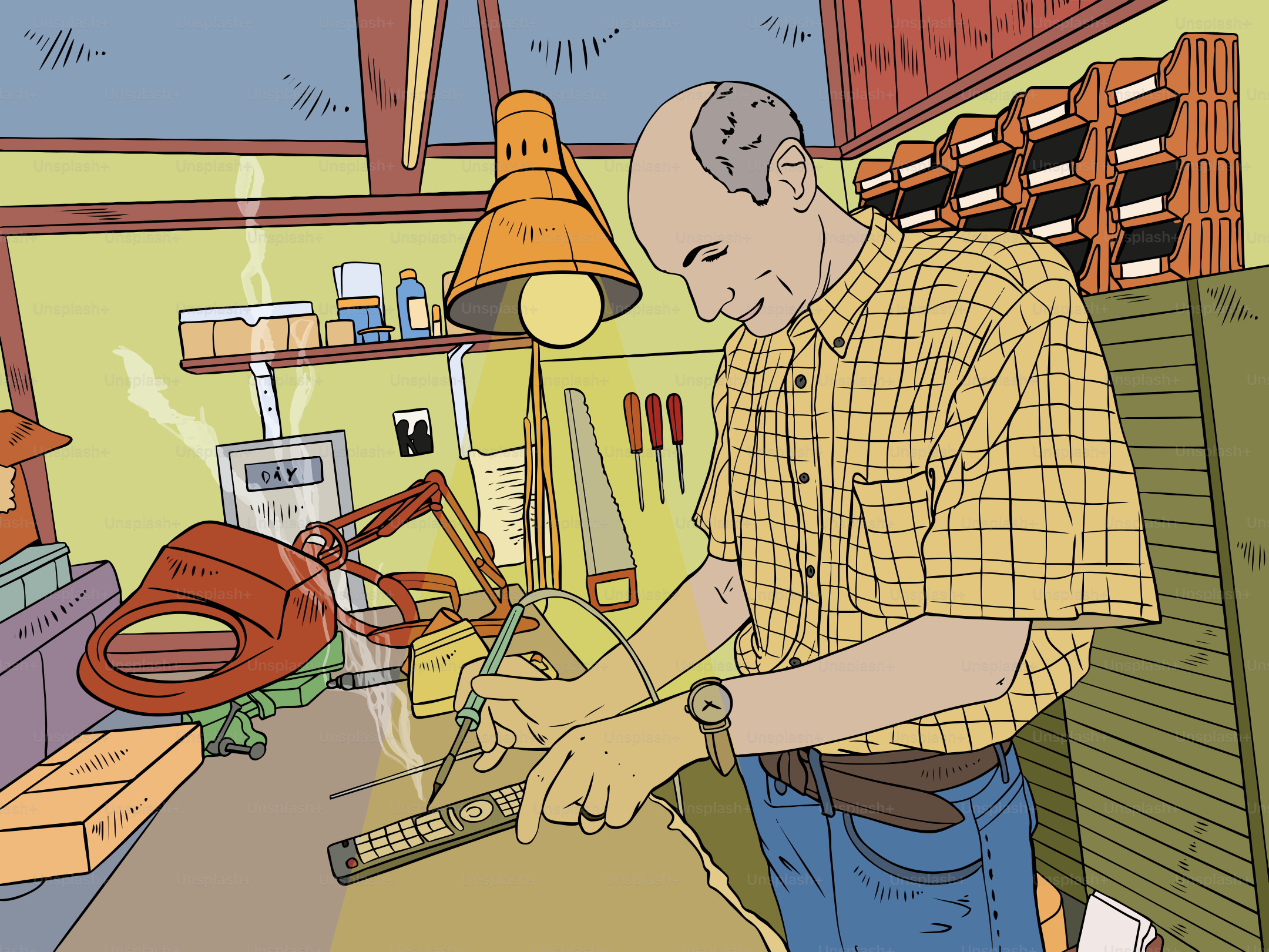 El hombre está soldando un mando a distancia en su taller.