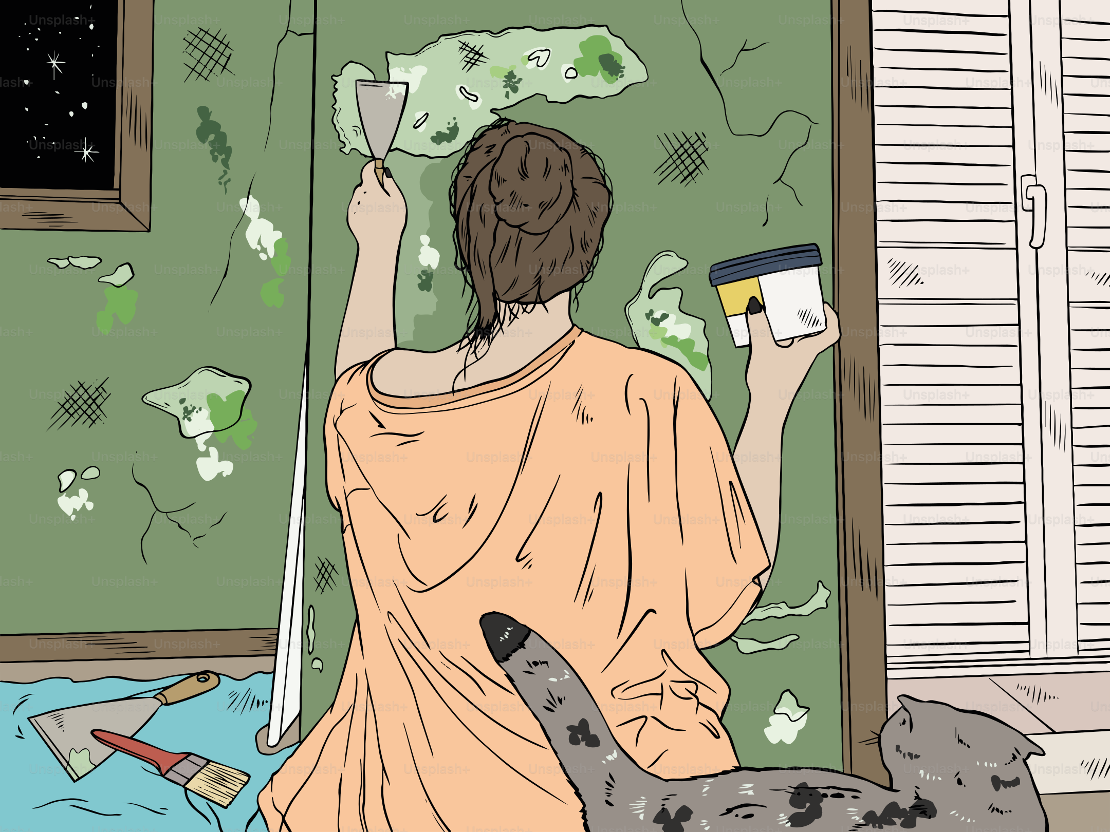 A woman removes wallpaper with pets nearby.