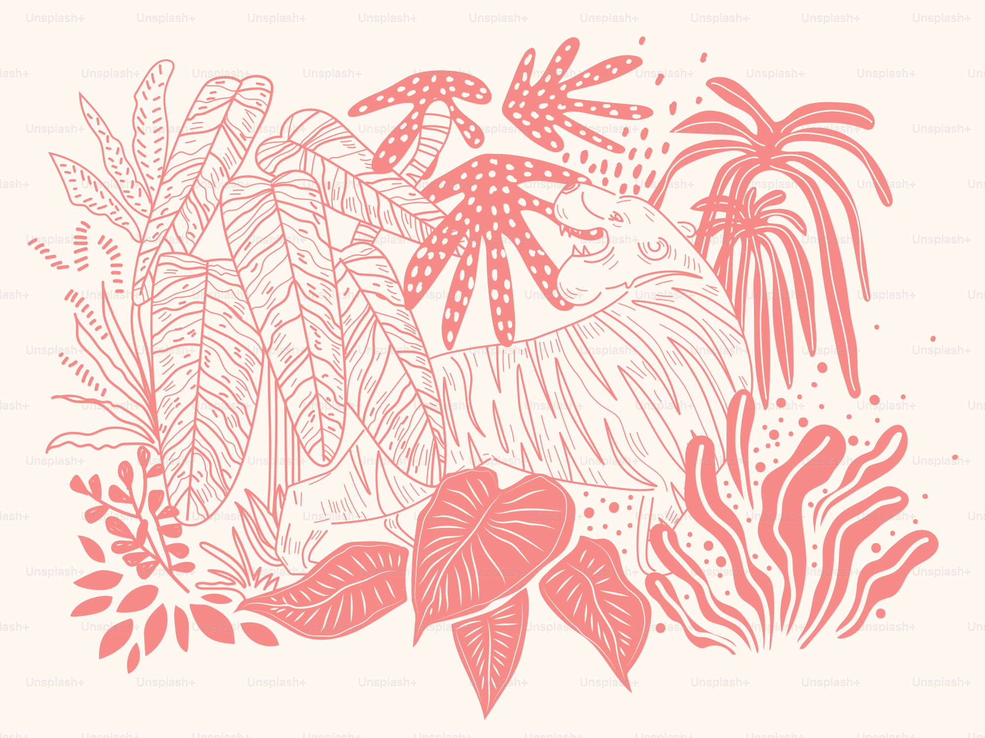 Delicate pink botanical illustration with many plant types.