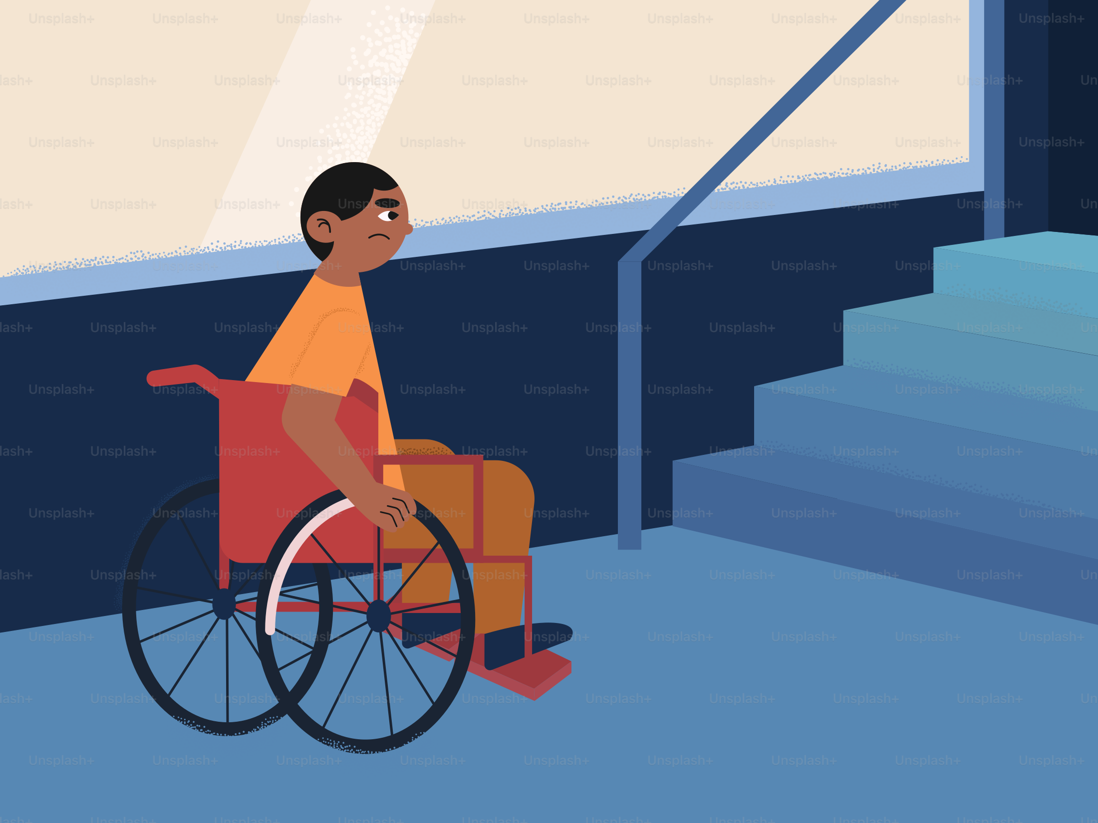Une personne en fauteuil roulant fait face aux escaliers.