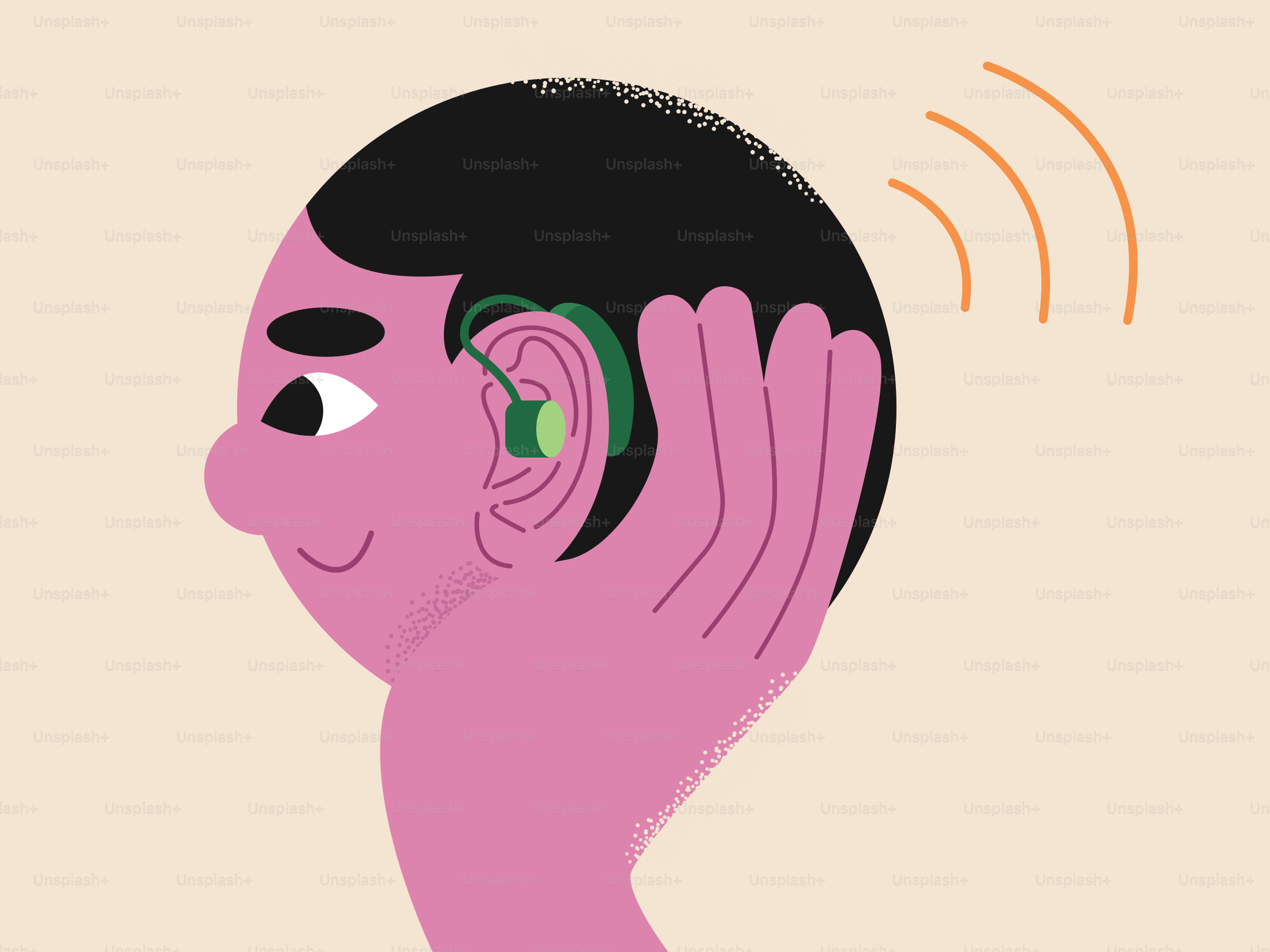 Persona con audífono, escuchando ondas sonoras.