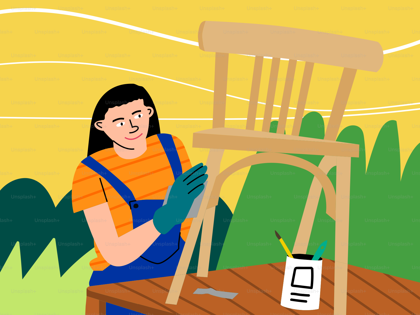 A woman sands a chair, readying it for painting.