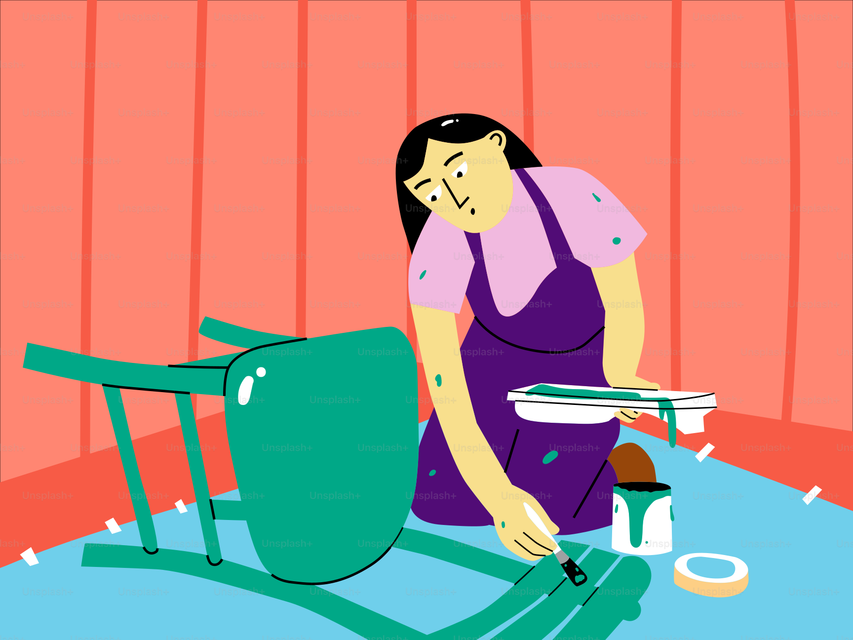 Woman paints a chair in a room.