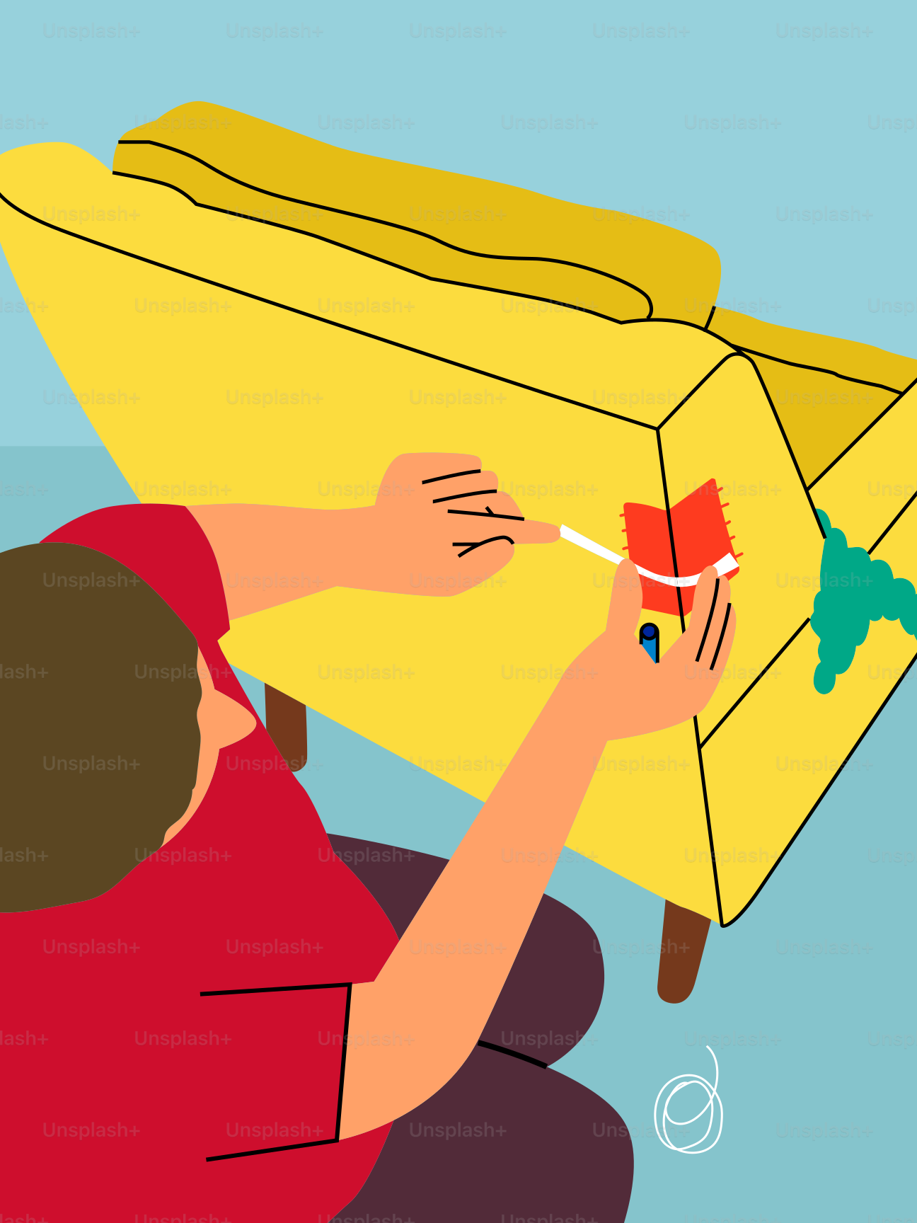 Someone is repairing a yellow couch.